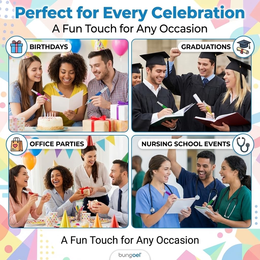 Bedwina Syringe Pens - (Bulk Pack of 12) Retractable Fun Multi Color Novelty Pen for Nurses, Nursing Student School Supplies, Birthdays, Stocking Stuffers and Toy Party Favor Gifts