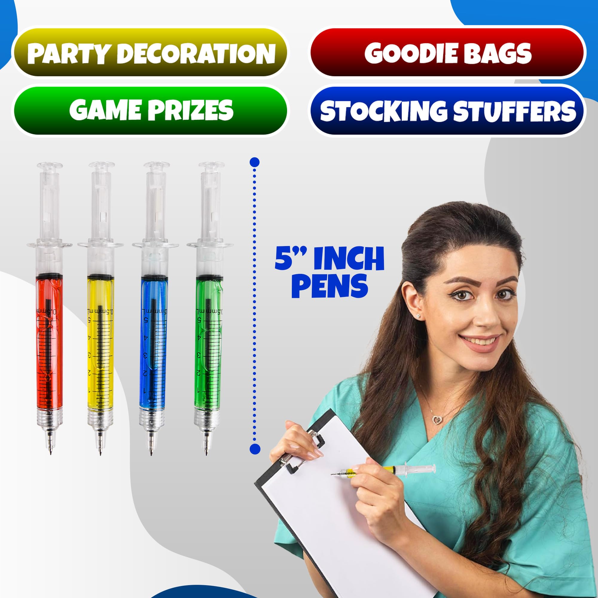 Bedwina Syringe Pens - (Bulk Pack of 24) Retractable Fun Multi Color Novelty Pen for Nurses, Nursing Student School Supplies, Birthdays, Stocking Stuffers and Toy Party Favor Gifts