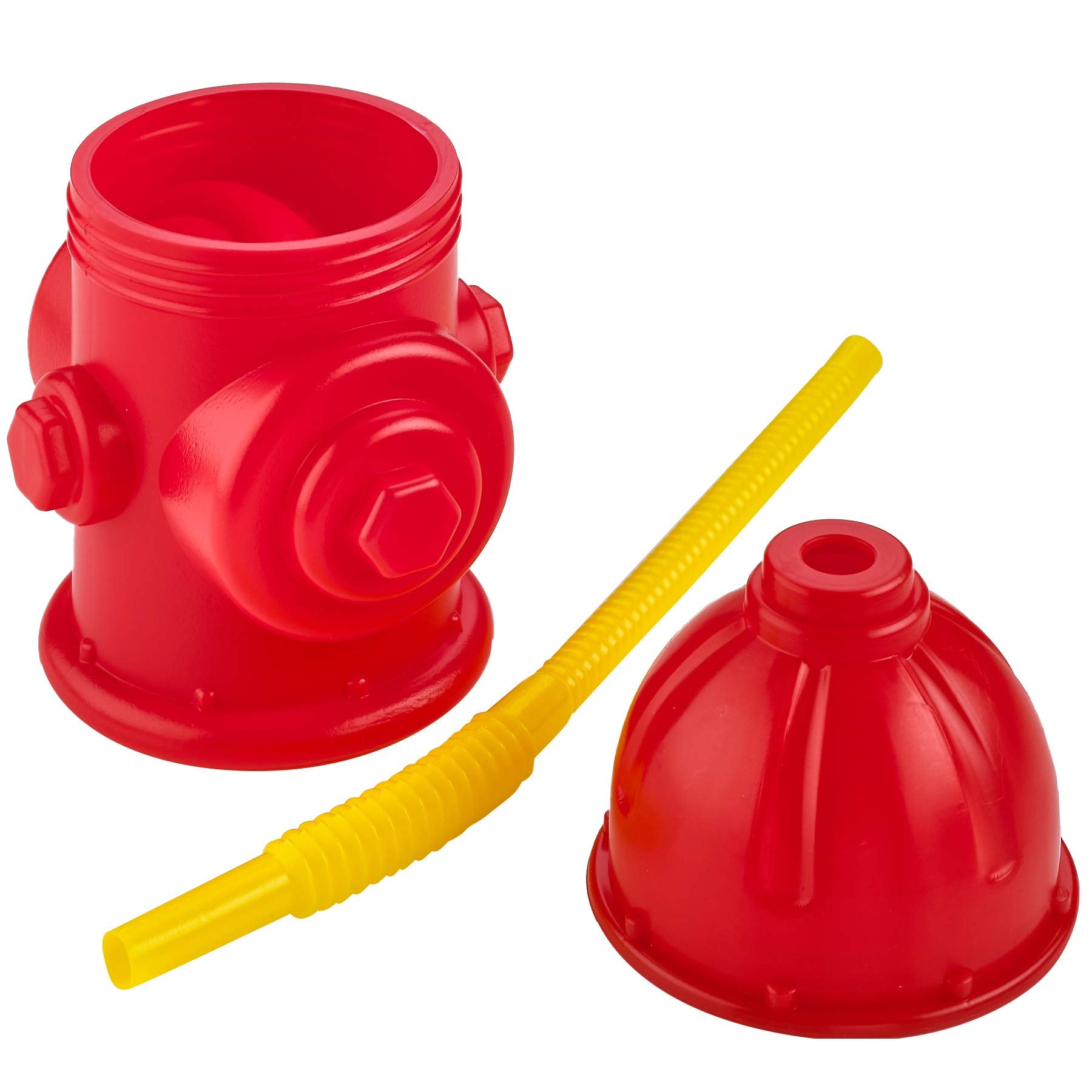 Bedwina Straw Fire Hydrant Cups with Lids - (Pack of 4) Reusable 12 oz, Red Plastic Fire Truck Party Supplies Cups and Firefighter Birthday Party Favors for Kids