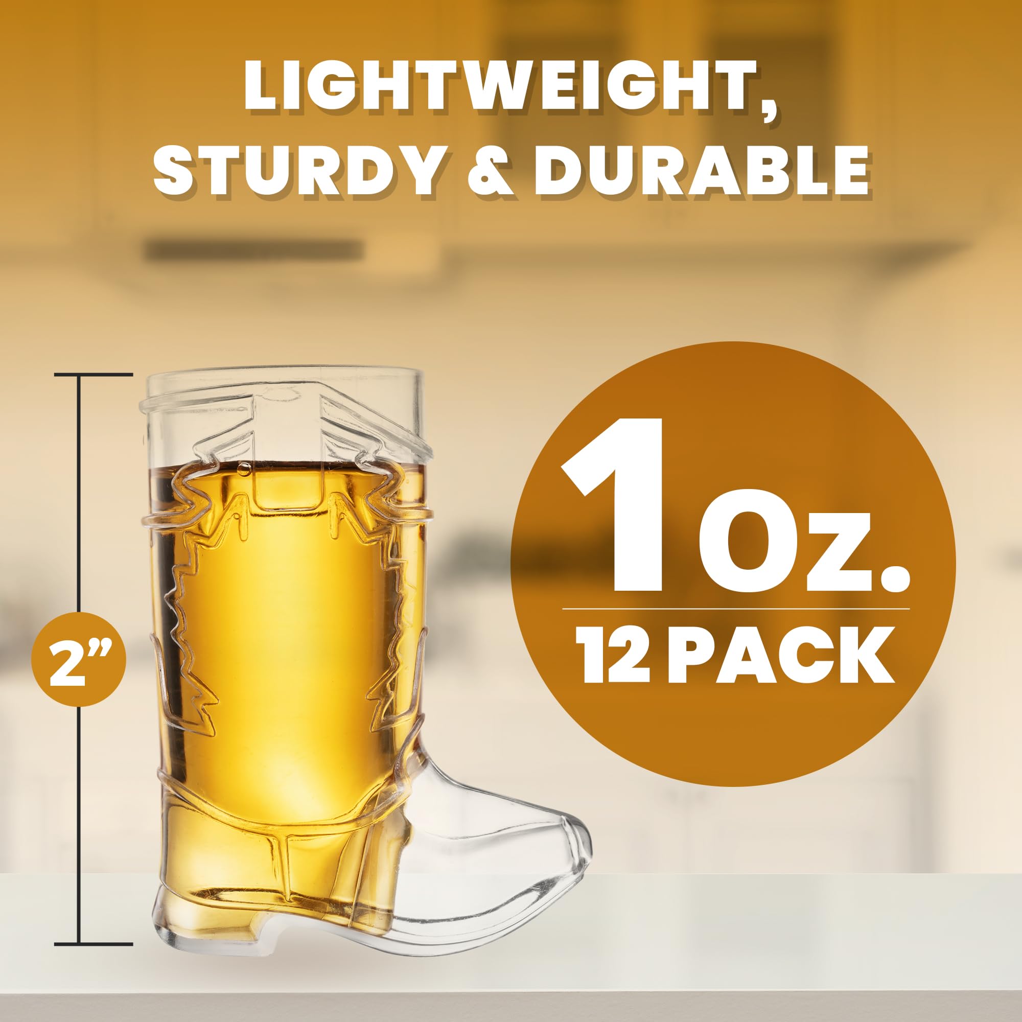 Cowboy Boot Shot Glasses - (Dozen Pack of 12) Mini Reusable and Disposable Clear Plastic Shot Glass Cups for Themed Birthday Parties Decorations and Cowboy Bachelorette Party Favors, Holds 1-Oz