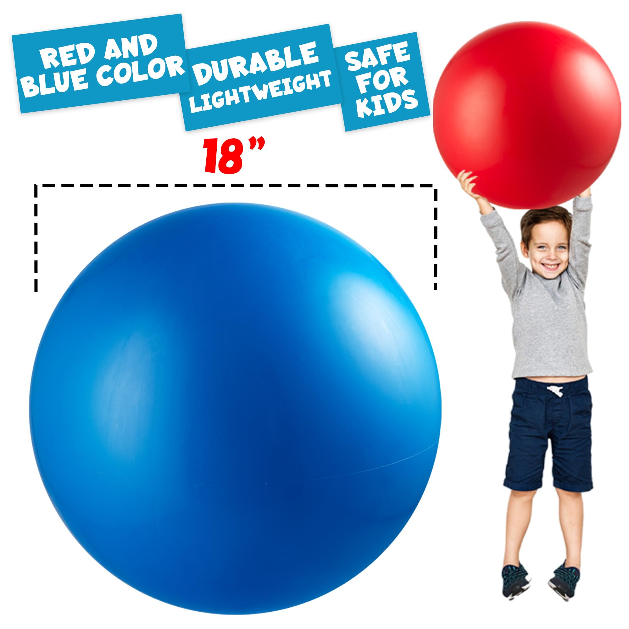 PlayBolt Jumbo 18-Inch Playground Balls (2 Pack, Red & Blue) - Giant Large Inflatable Rubber Kickball for Kids and Toddlers, Boys & Girls Backyard, Sports, Gym, Recess, Indoor & Outdoor Games w/Pump