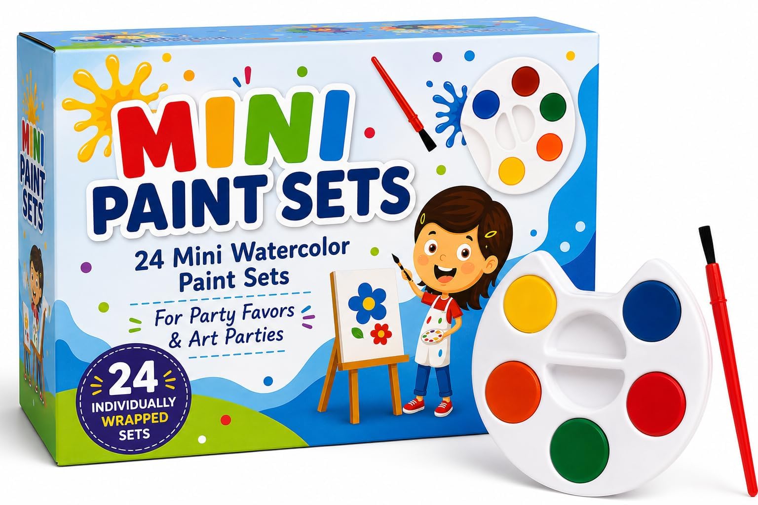 Mini Watercolor Paint Sets (24-Pack) 5-Color Paint Palettes with Brush