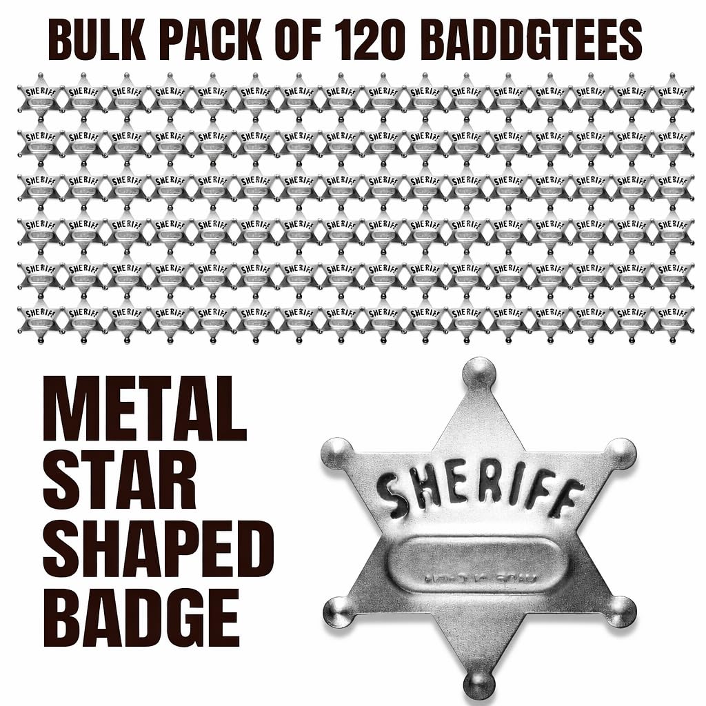 Bedwina Metal Sheriff Badges - (Pack of 120) Silver Star Name Badges with Stickers for Personalized Names, Western Cowboy Dress Up Deputy's Badge Toys for Kids Birthday Party Favors, Giveaways & More