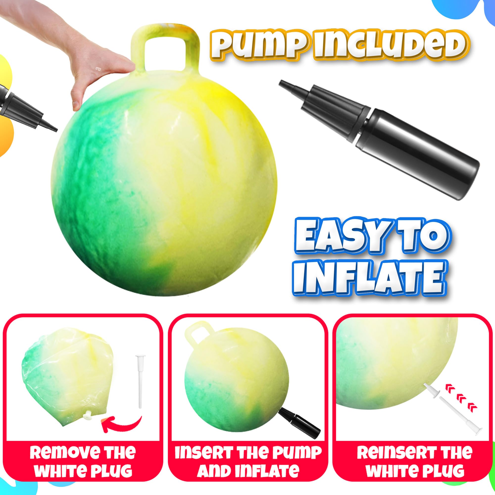 Bedwina Hopper Ball with Handle for Kids 18-inch (45cm) Bouncy Balls for Kids, Jumping Kangaroo Hippity Hop, Hopping Sit and Spin with Handle with Hand Pump, Marble Green & Yellow