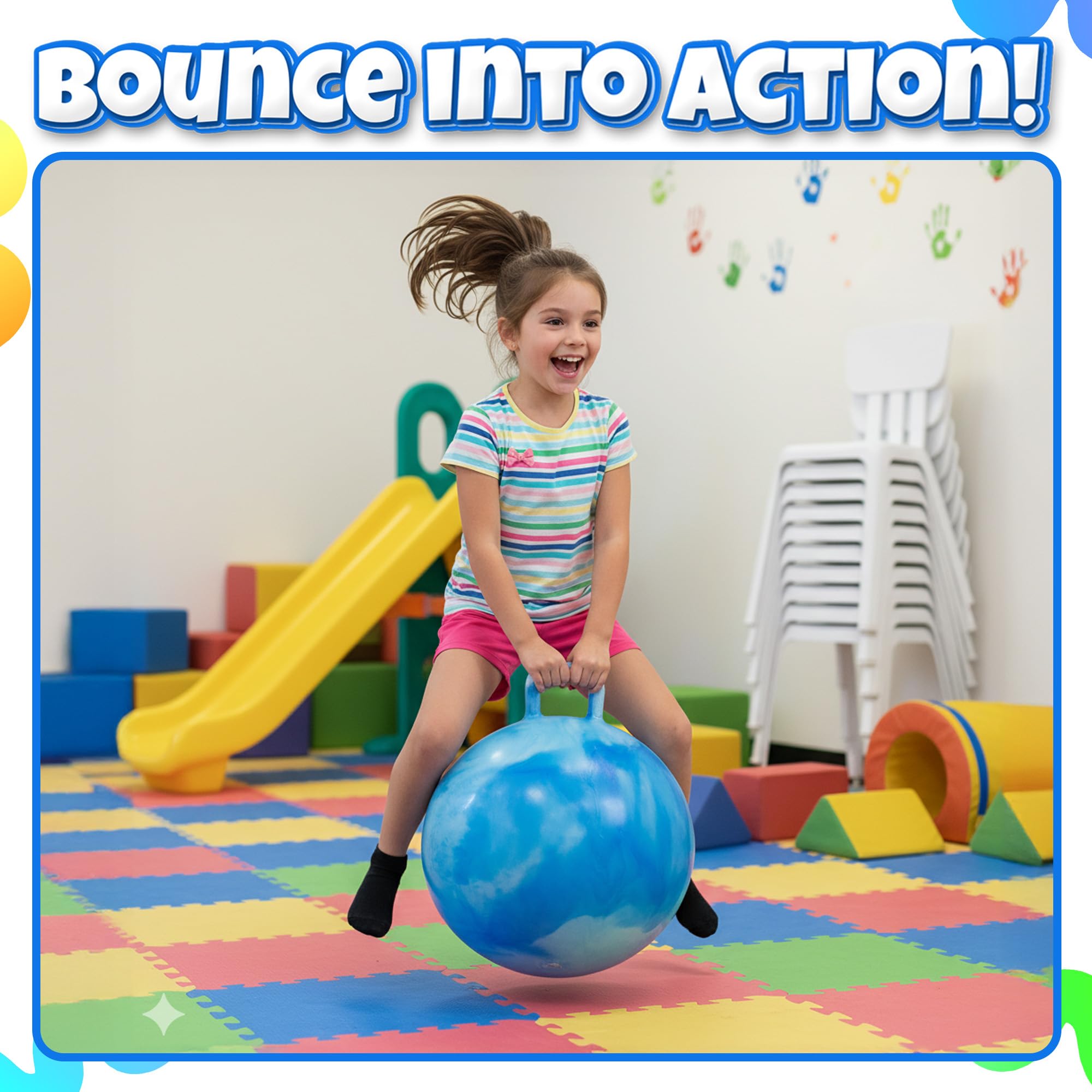 Bedwina Hopper Ball with Handle for Kids 18-inch (45cm) Bouncy Balls for Kids, Jumping Kangaroo Hippity Hop, Hopping Sit and Spin with Handle with Hand Pump, Marble Blue & White