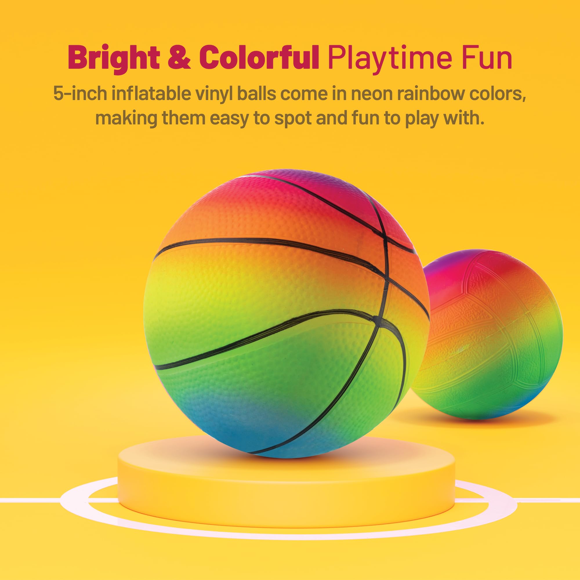 Bedwina Mini Rainbow Sports Balls - 5 Inch (Pack of 4) Inflatable Vinyl Balls for Kids and Toddlers with Hand Air Pump, Basketball, Volleyball, Soccer for Playground, Indoor and Outdoor