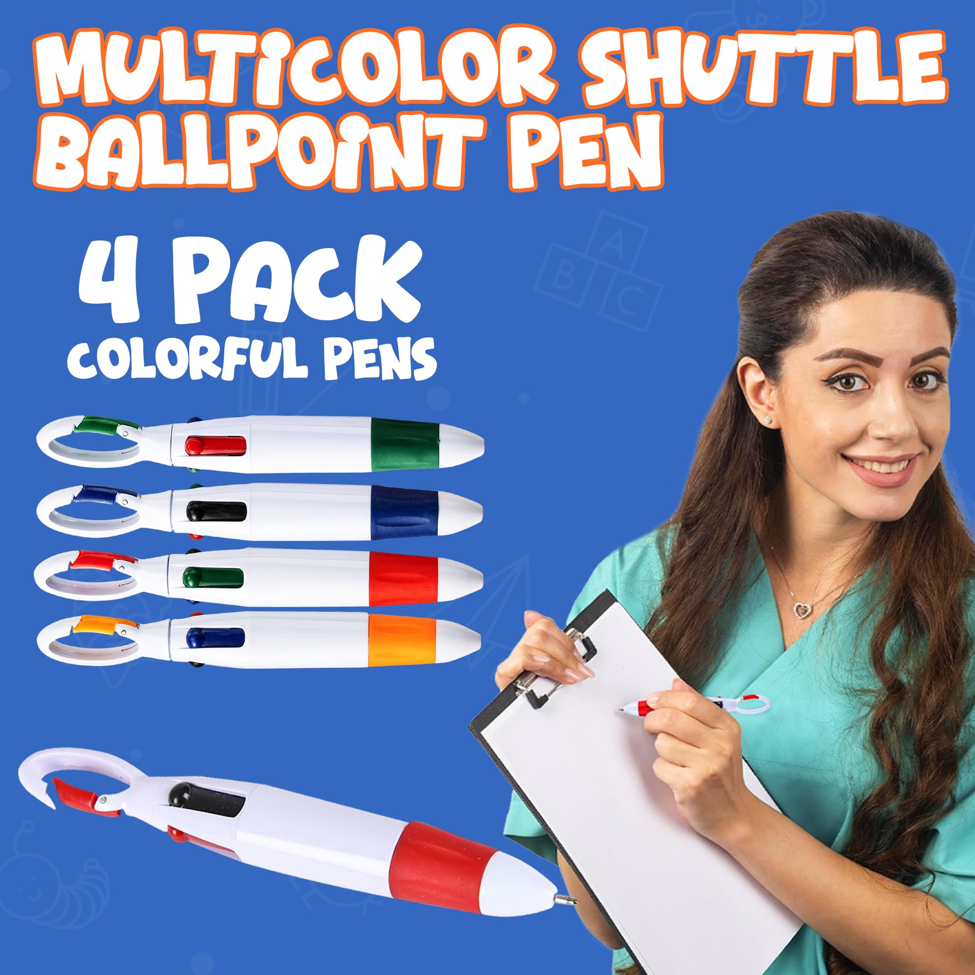 Retractable Shuttle Pens with Carabiner Clip - Pack of Bulk Mini 4-in-1 Multi-Colored Ink Ballpoint Pens with Keychain for Adults, Kids, Nurses, School, Stocking Stuffer Gifts, Party Favors