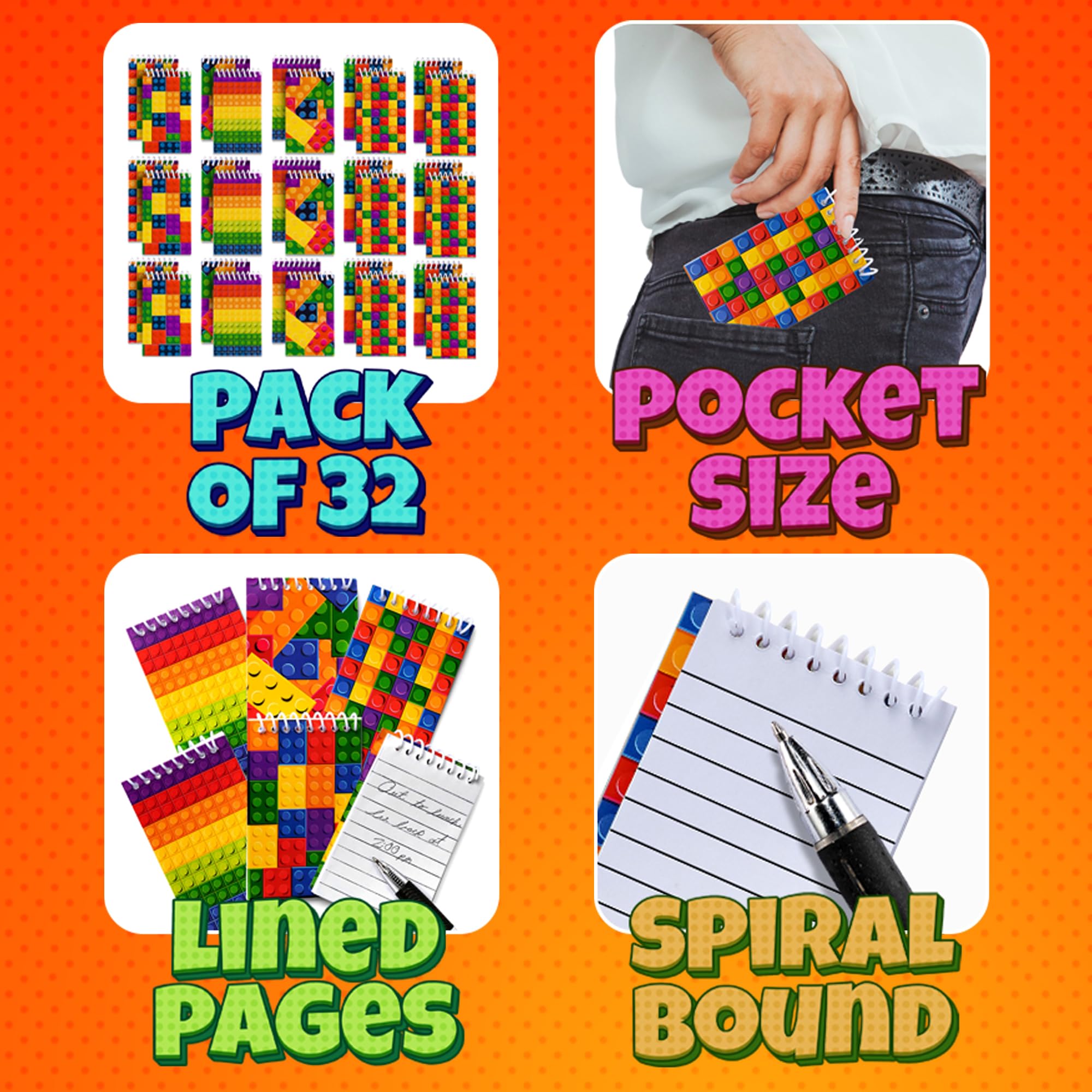 Mini Building Block Notebooks (Bulk of 32) Spiral Notepads In Assorted Brick Styles, Mini Notebook For Kids Pocket Size, For Birthday Party Favors, Goodie Bag Stuffers, Children Classroom Rewards