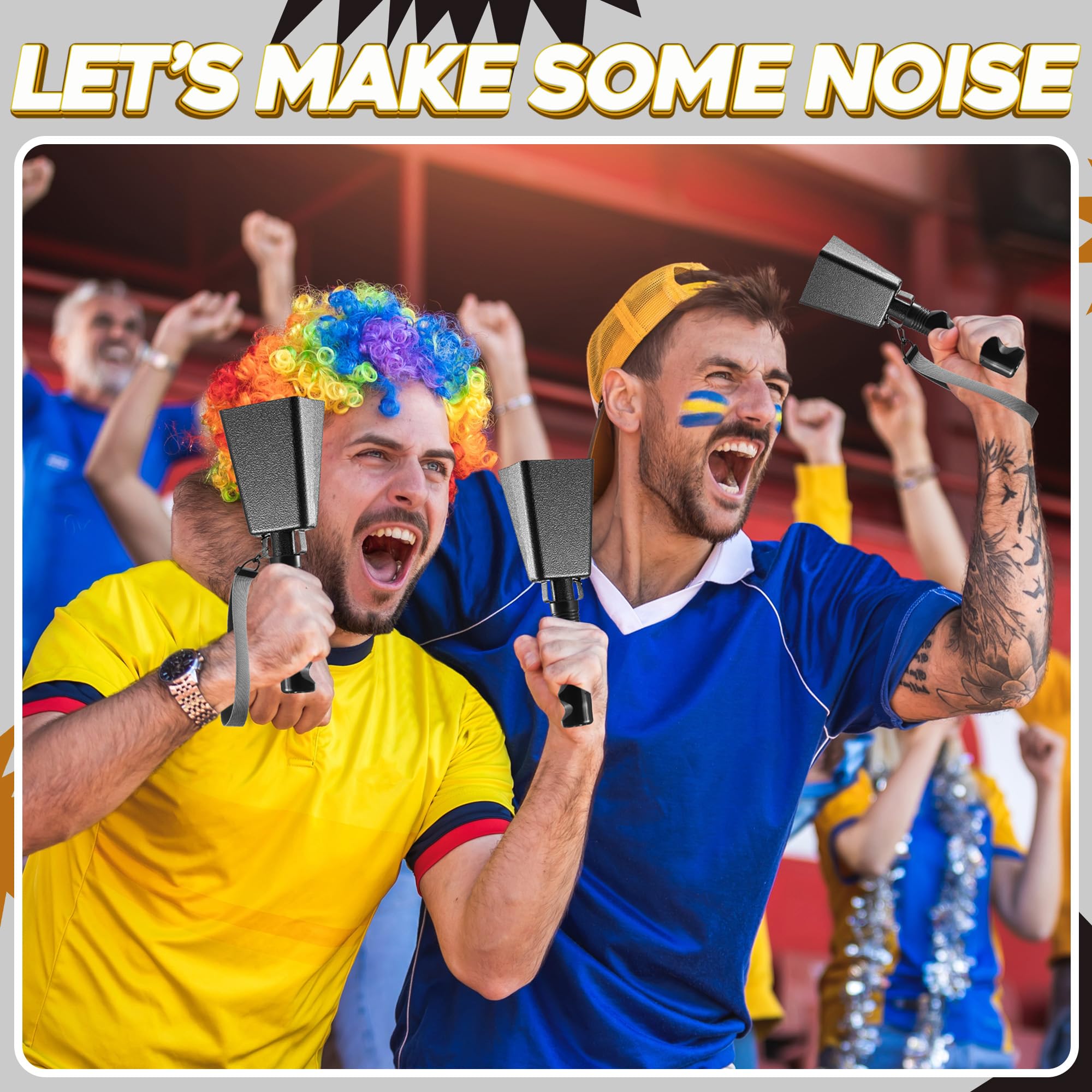 9" Metal Cowbells with Handle - (2 Pack) Cow Bells Loud Cheering Noise Makers for Sporting Events, Football Games, School Spirit, Rallies & Celebrations - Black Steel Percussion Music Instrument