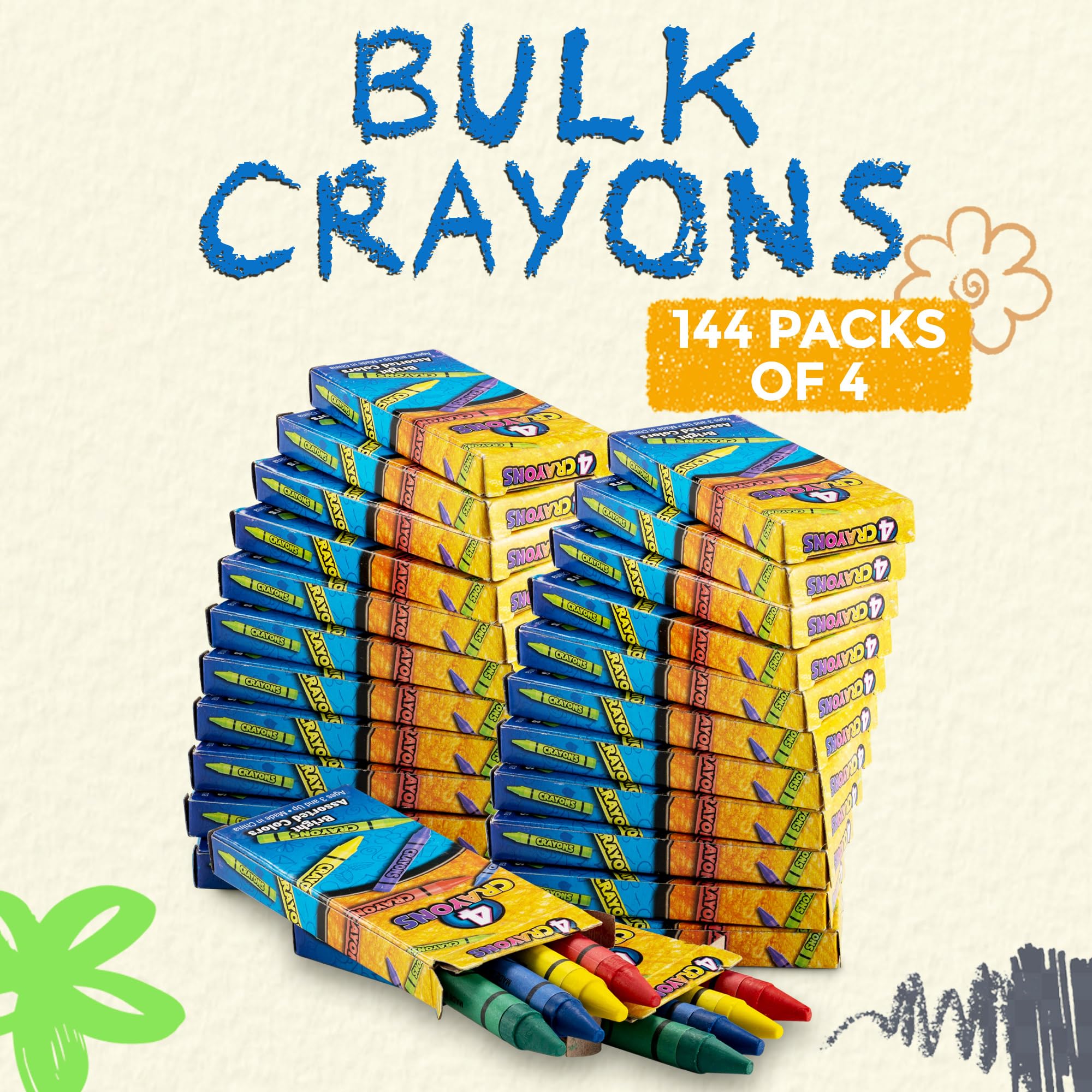 Bedwina Bulk Crayons - 576 Crayons - Case of 144 4-Packs, Premium Colors Bulk School Supplies for Kids and Toddlers Non-Toxic for Party Favors, Restaurants, Goody Bags, Stocking Stuffers