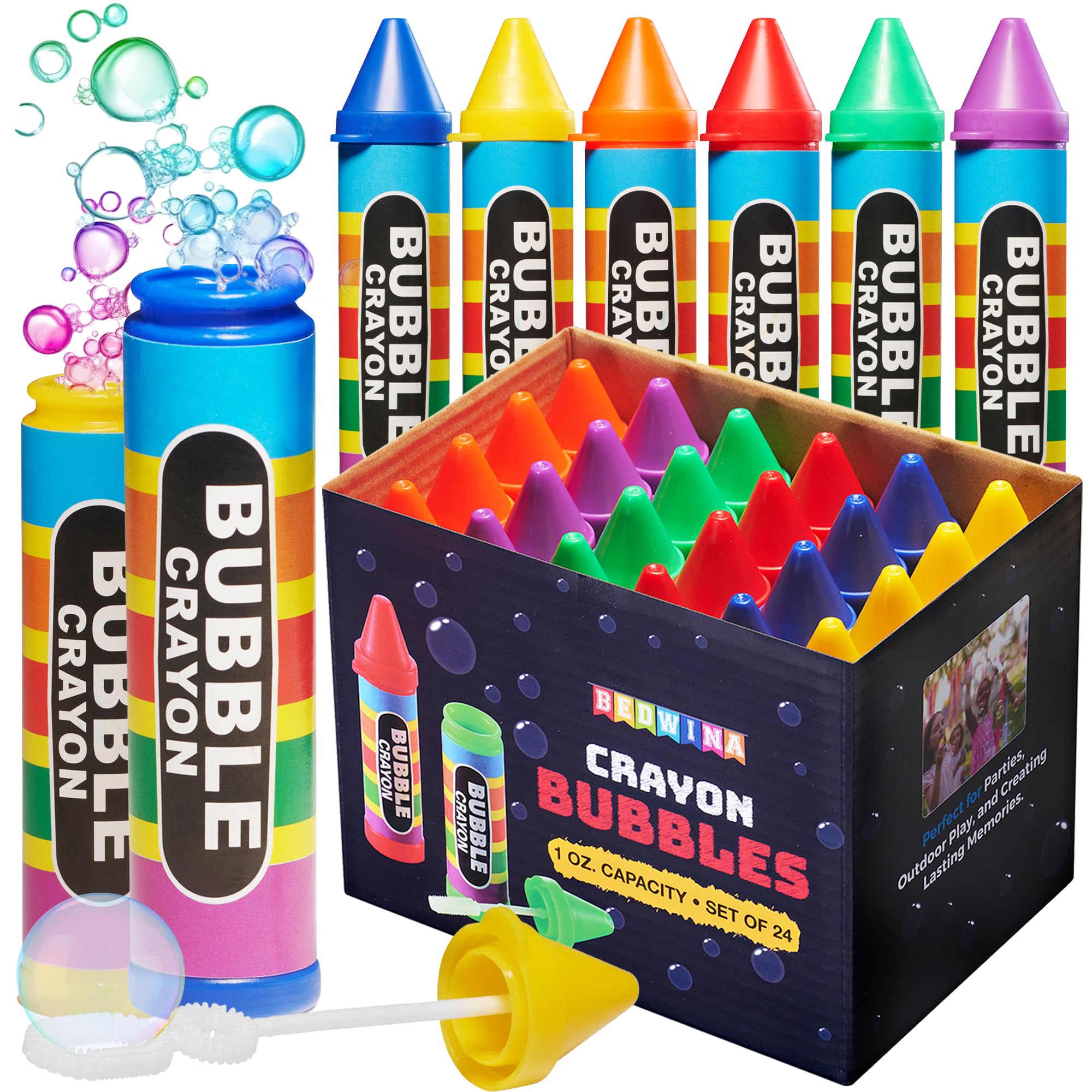 Mini Crayon Bubbles for Kids - (Pack of 24) Bulk 1 Fl Oz Bottles with Wands - Crayon Shape Bubbles in Bright Assorted Colors - Non-Toxic Mini Outdoor Party Favor Toys, Goodie Bags for Spring & Summer
