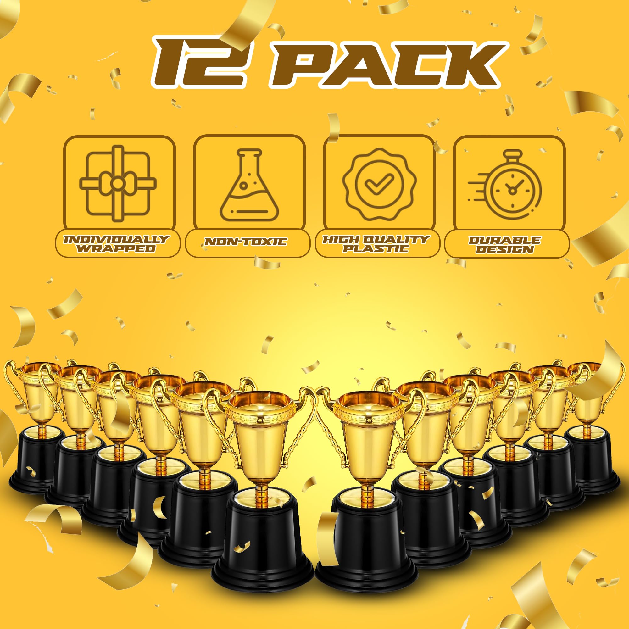 Bedwina Gold Award Trophy Cups - Pack of 12 Bulk - Plastic Gold Trophies for Party Favors, Props, Rewards, Winning Prizes, Competitions for Kids and Adults
