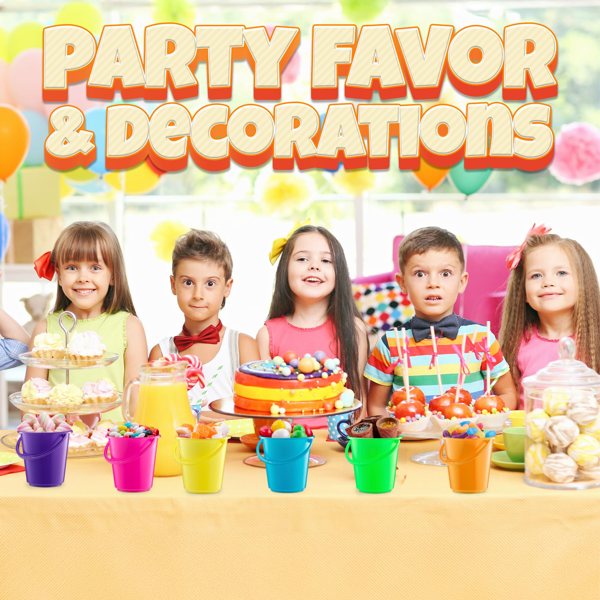 Mini 4.5-Inch Beach Buckets for Kids - Sand Buckets and Shovels w/Rakes & Mesh Bags - Small Beach Pails - Sturdy Unbreakable Plastic - Beach Party Favors & Giveaways for Toddlers Ages 3-6