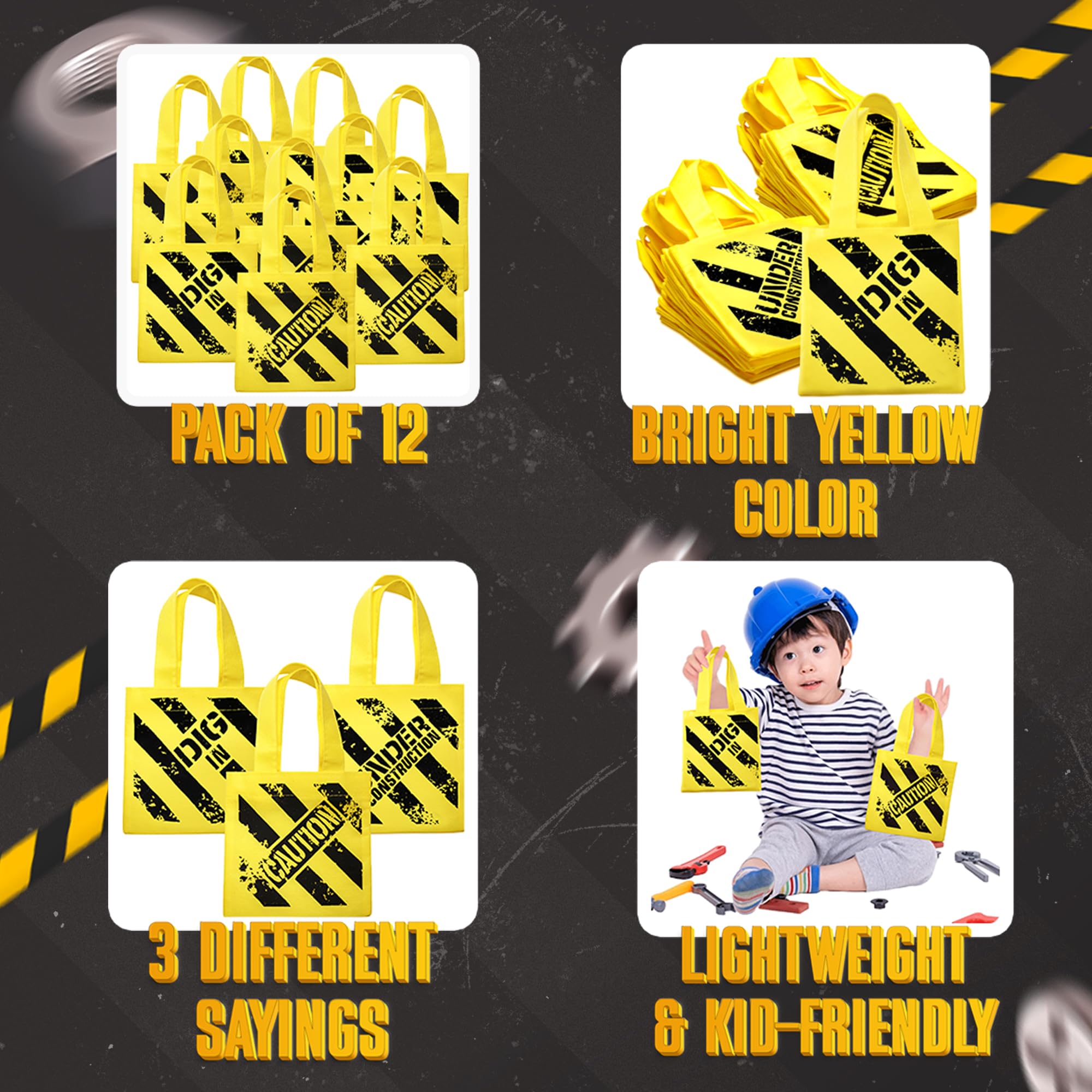 Construction Birthday Party Supplies 12 Under Construction Party Decorations Themed Mini Non-Woven Canvas Tote Gift Bags with Handles Construction Party Bags Supplies for Kids and Goodie Bags for Boys