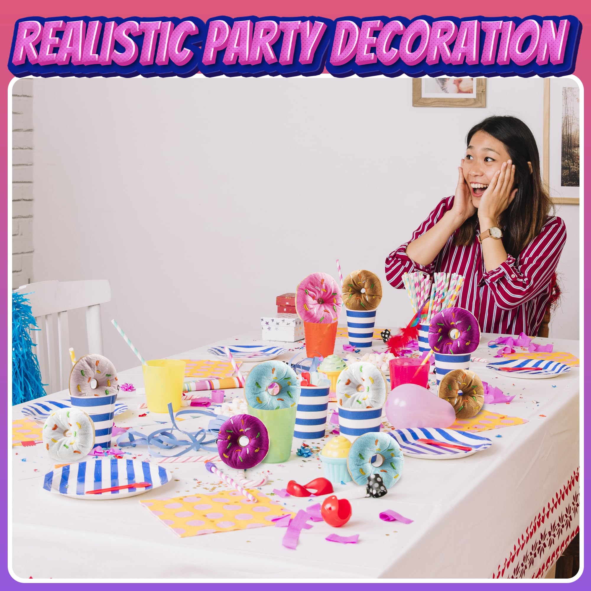 Bedwina Plush Donuts with Sprinkles - (Pack of 12) 1 Dozen Stuffed Donut Pillow Toy Party Favors, Donut Party Supplies Decorations and Stocking Stuffers for Kids