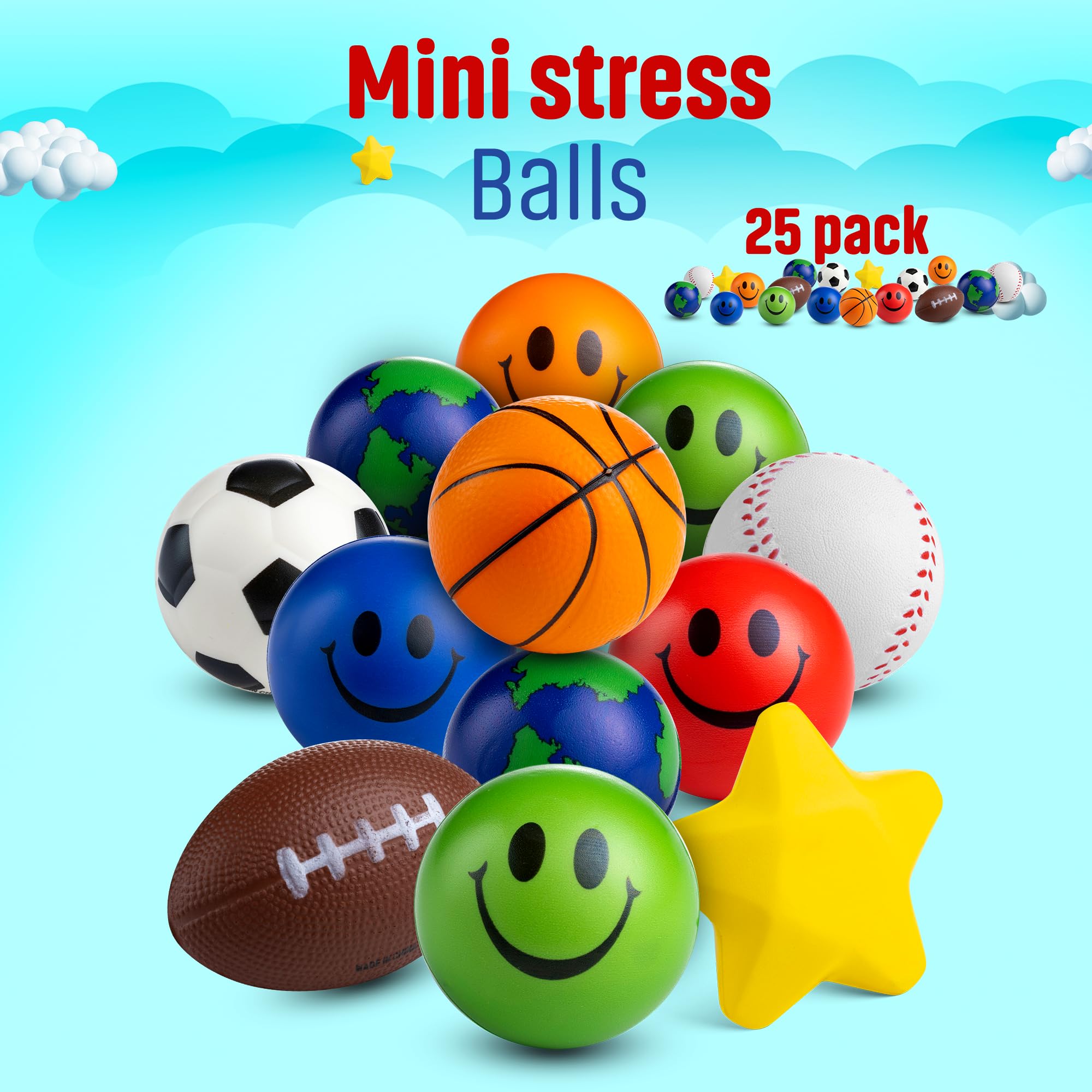 Bulk Mini Stress Balls for Kids (25 Pack) 2-3 Inch Soft Squeezable Fidget Toy Balls, Variety of Shapes & Colors, for Kids Birthday Party Favors & Goody Bag Stuffers, Game Prizes for Boys & Girls
