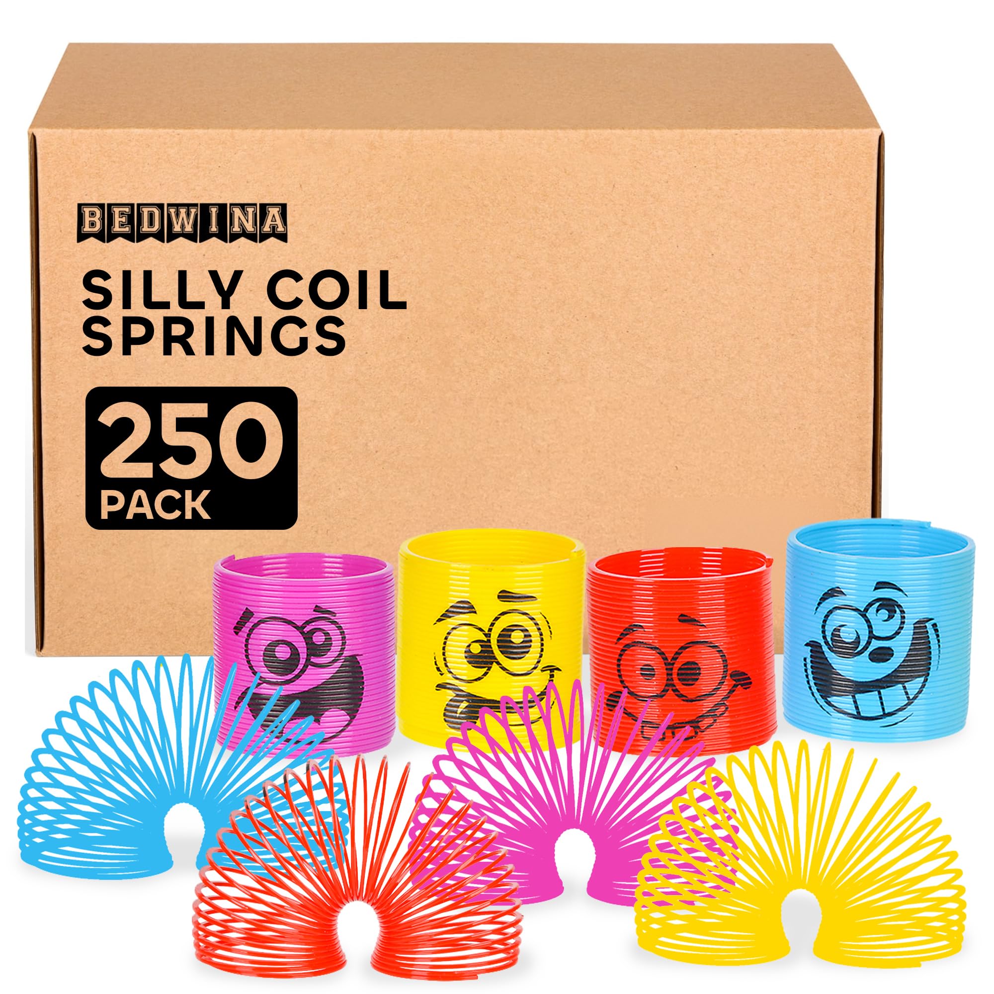 Bedwina Mega Pack of 250 Coil Springs for Kids - Assorted Silly Faces and Colors, Mini Plastic Spring Toy for Party Favors, Carnival Prizes, Gift Goodie Bag Filler, Stocking Stuffers