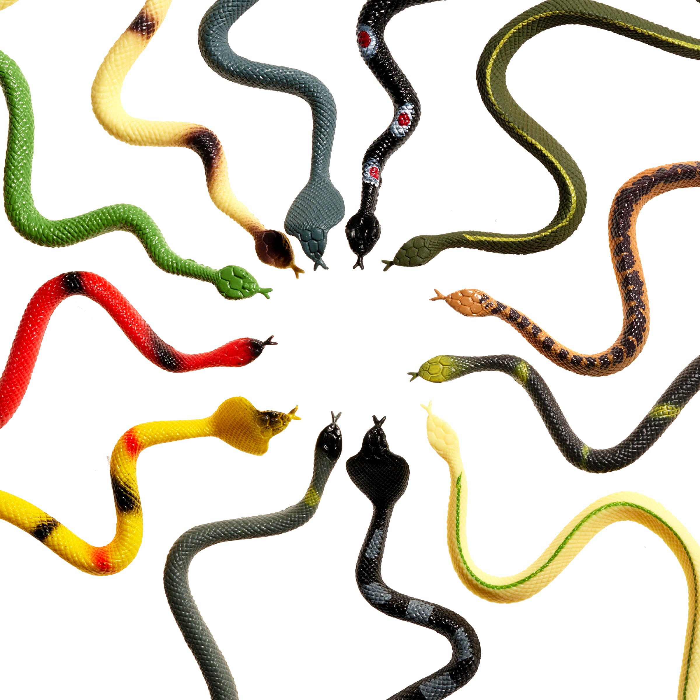 Mini 6-Inch Rubber Snakes - (Pack of 24) Rain Forest Toy Snake Set, Assorted Plastic Fake Snake Toys for Kids, Party Decorations, Favors, Halloween Decor, Pranks and Keep Birds Away