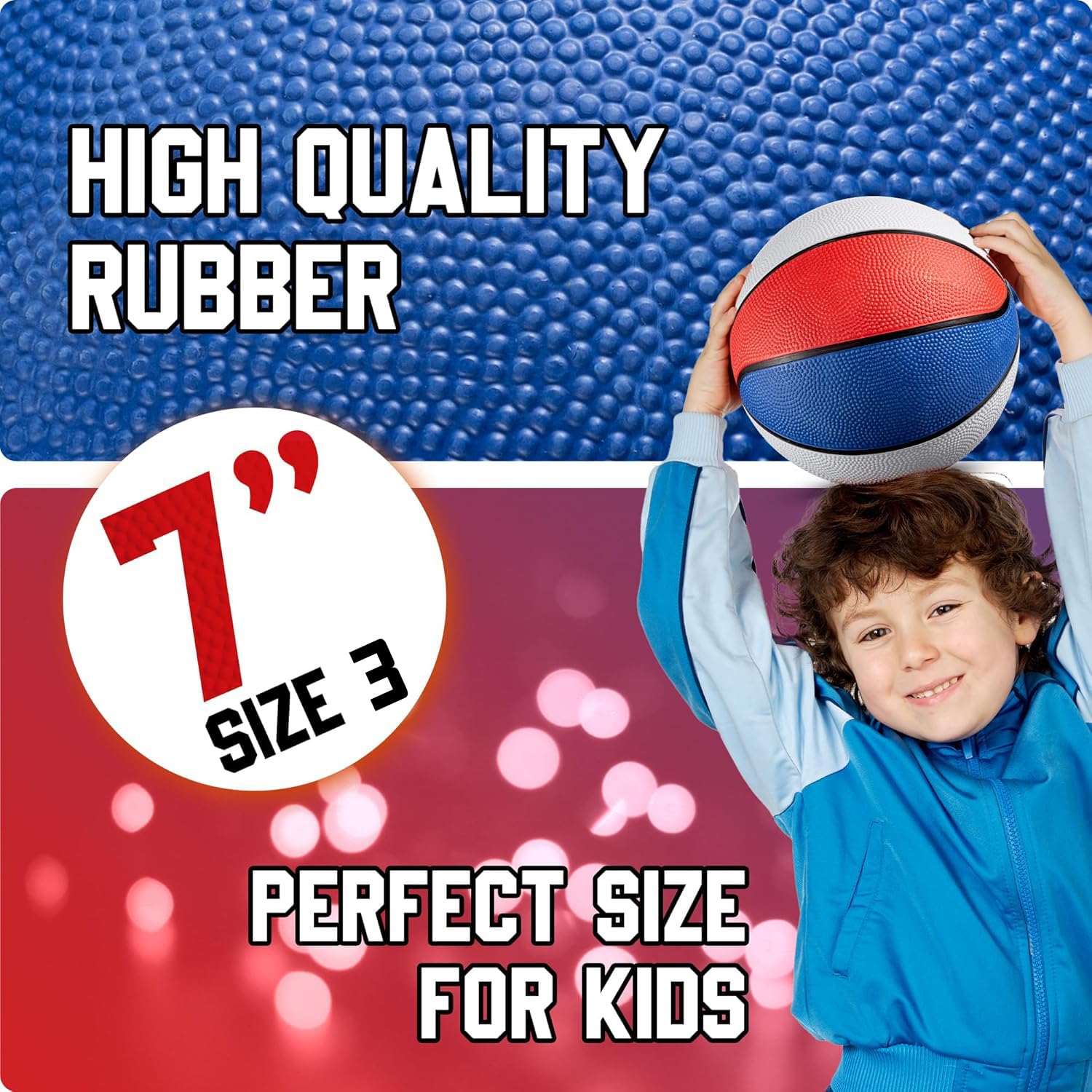 PlayBolt Rubber Mini Basketball - 7 Inch, Size 3 - Mini Hoop Outdoor Kids Basketball Set for Small Hoops Indoor & Outdoor Pool Parties - Kid Birthday Gifts, Arcade Games, Red White & Blue (1-Pack)