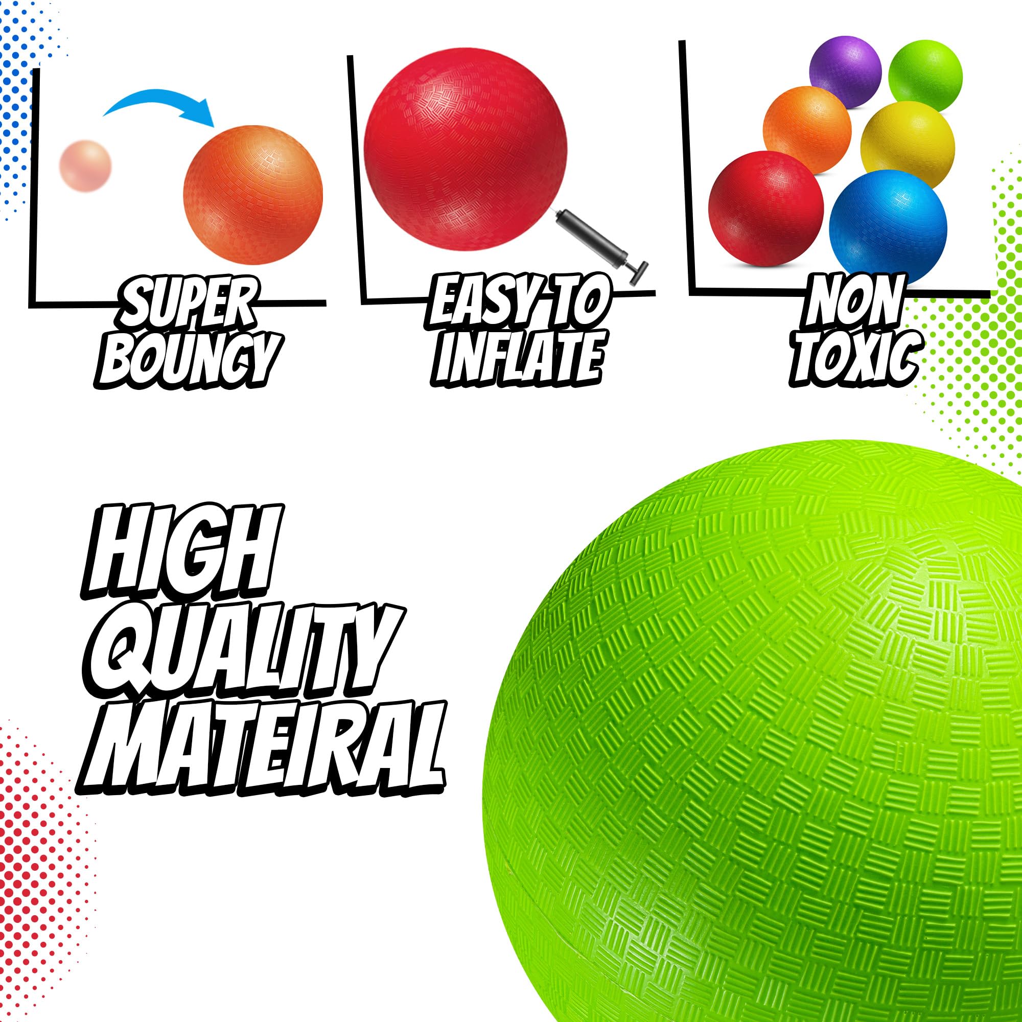 5” Playground Balls for Toddlers & Kids - (6 Pack) Inflatable Rubber Bouncy Dodgeball Balls w/Pump - Small & Colorful for Four Square, Gym, Backyard, Recess, Sports, Preschool & Kindergarten Games