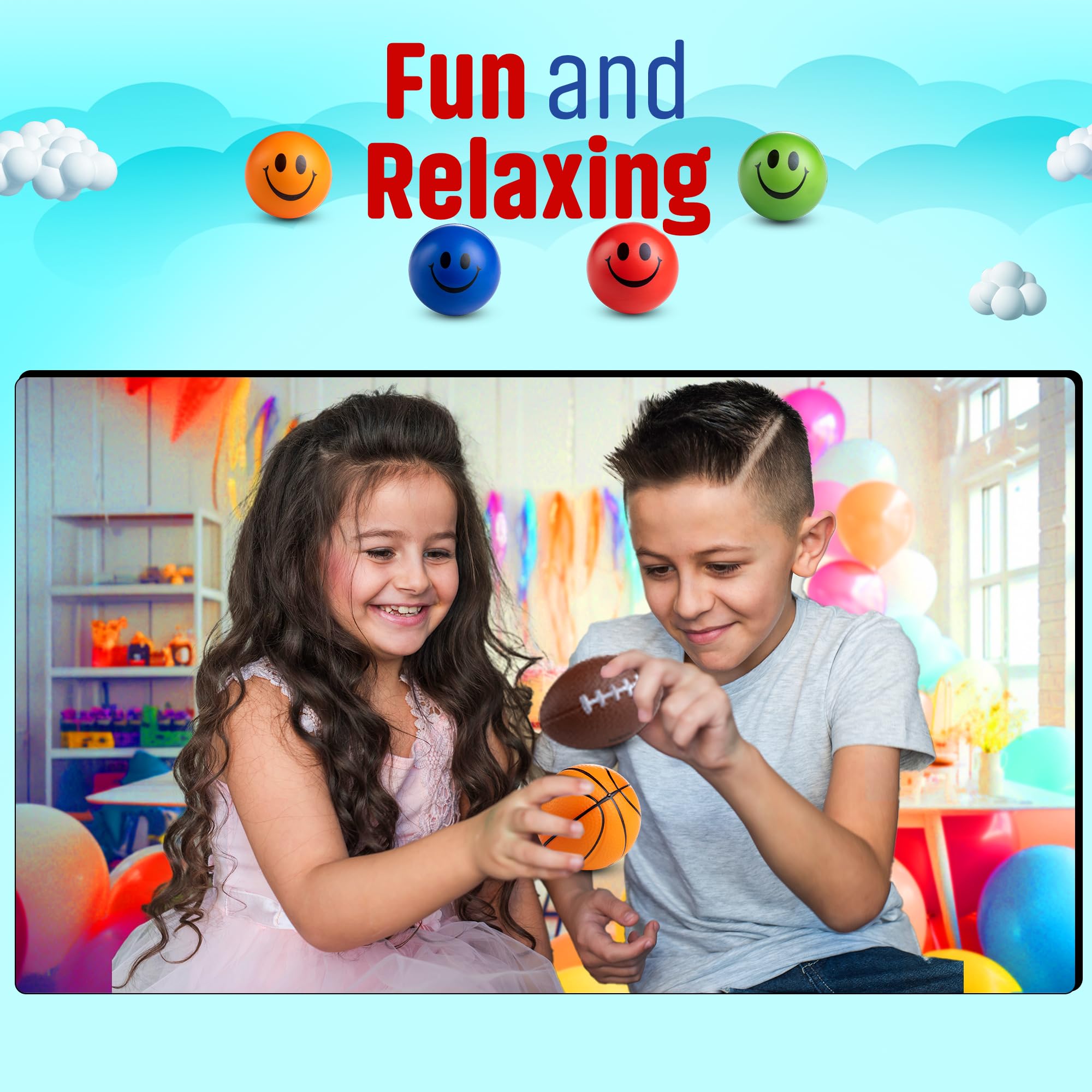 Bulk Mini Stress Balls for Kids (25 Pack) 2-3 Inch Soft Squeezable Fidget Toy Balls, Variety of Shapes & Colors, for Kids Birthday Party Favors & Goody Bag Stuffers, Game Prizes for Boys & Girls