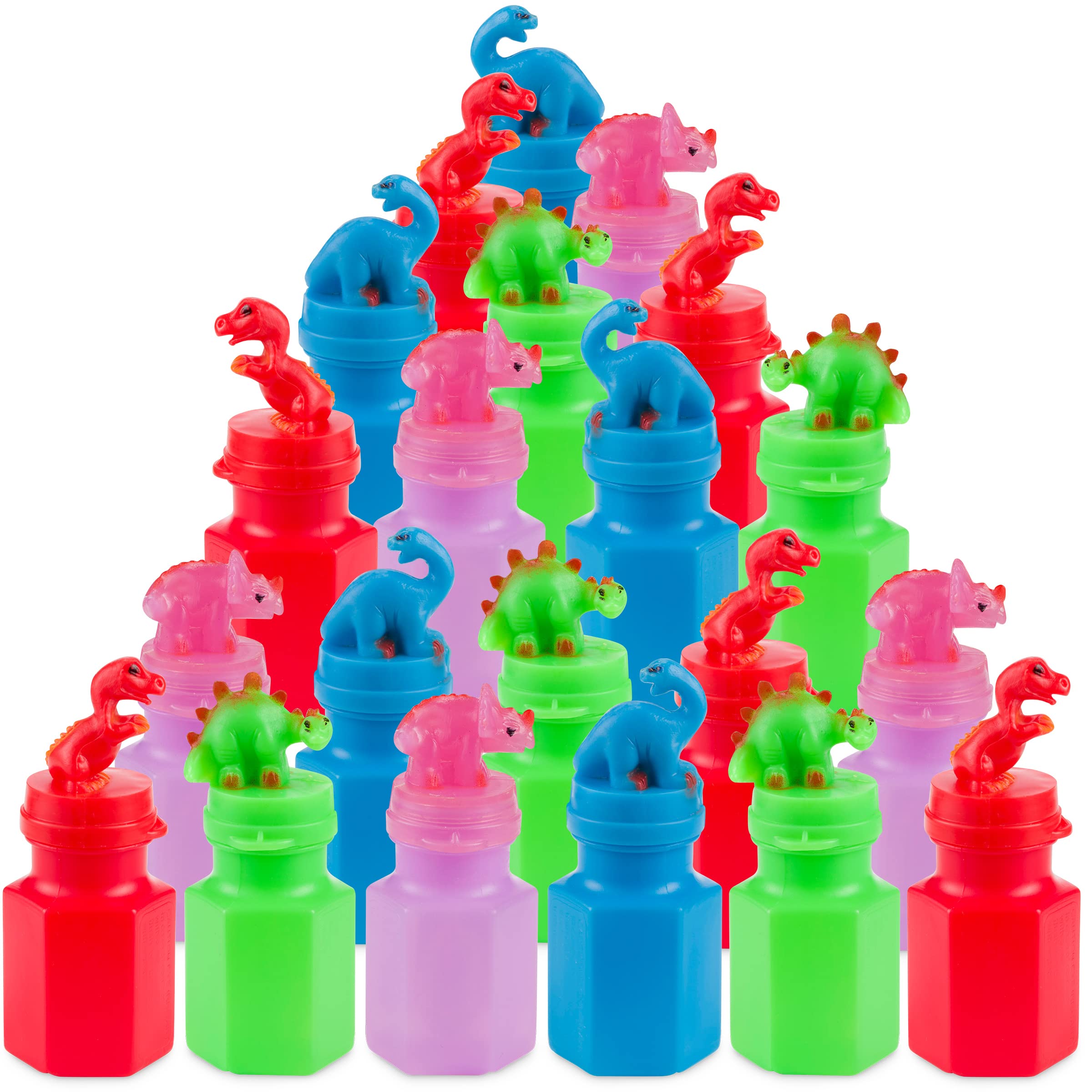 Dinosaur Bubbles Party Favors for Kids - (24-Pack Bulk) Assorted 3-Inch Dino Bubble Bottles with Bubble Wands, Outdoor Summer Toy for Birthday Goodie Bags, Easter Baskets & Prizes