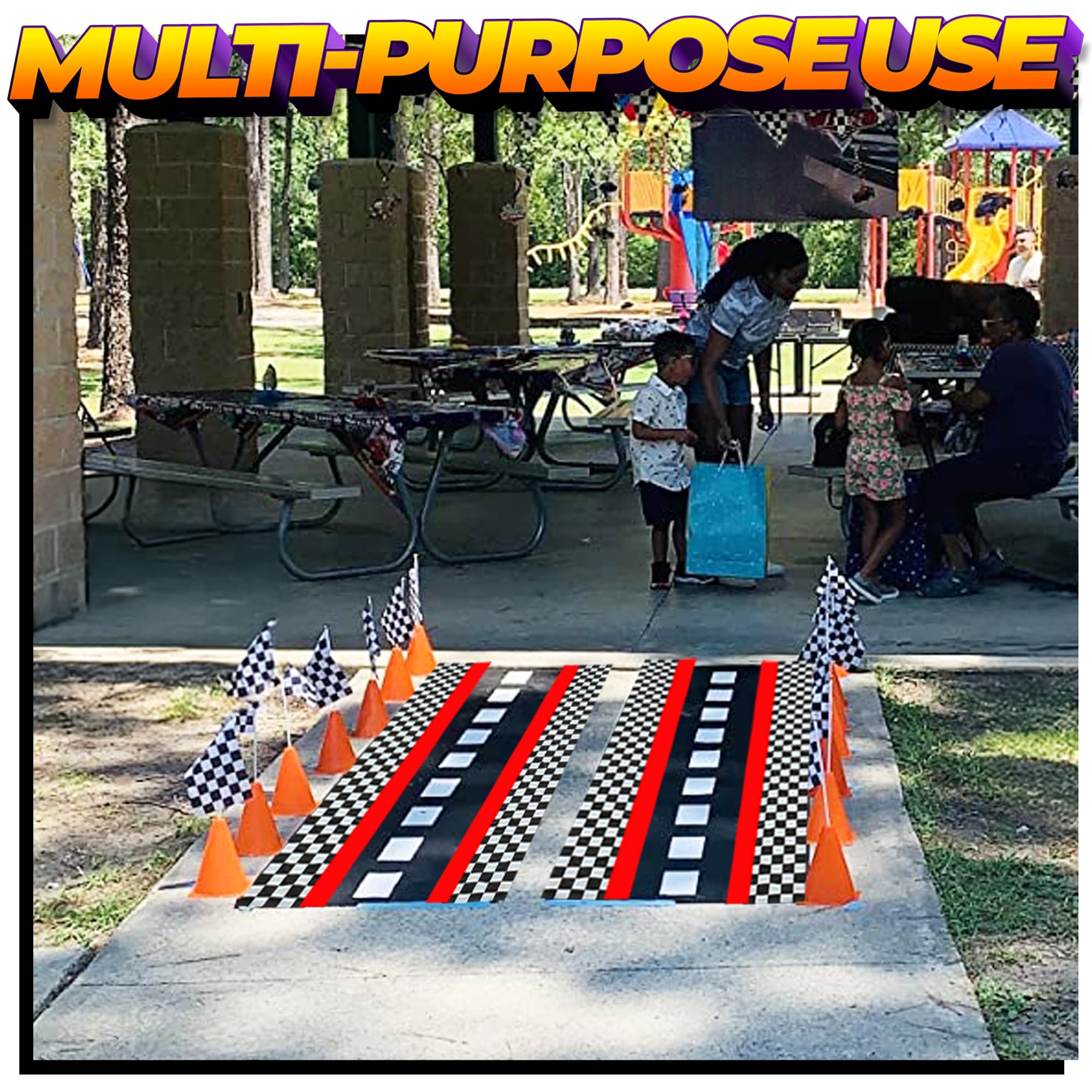 Racing Cars Birthday Decorations - Racecar Centerpiece Decoration Kit for Kids - (12) Orange Traffic Cones, (24) Checkered Flags, Plastic Tablecloth (54"x108") Birthday Banner Race Car Theme (38pcs)