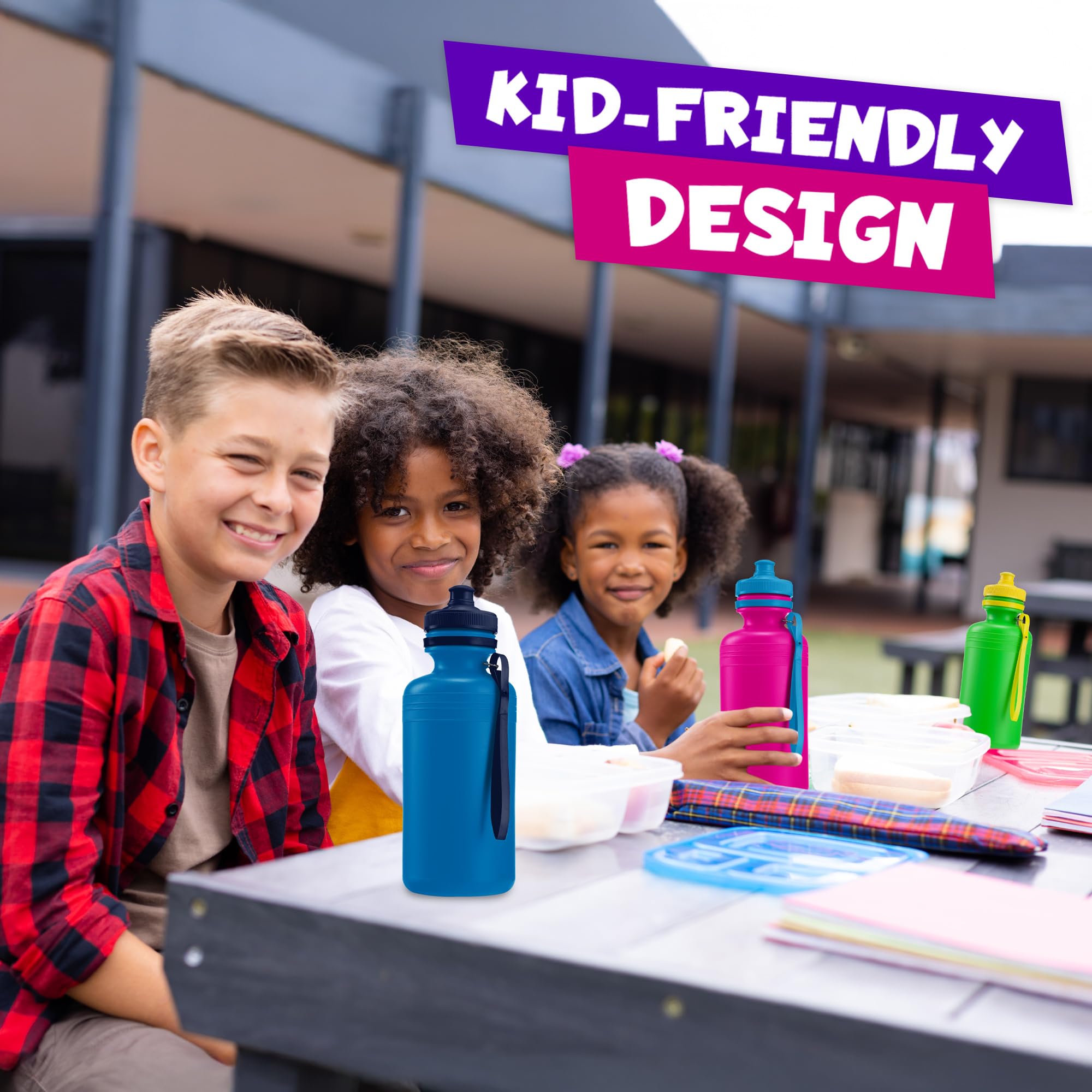 Bedwina Bulk Water Bottles For Kids - (Bulk Pack of 72) 18 Oz - 7.5 Inch BPA-Free Plastic Water Bottles w/Pop-up Tops for Summer, Reusable Water Bottles Bulk for School, Sports Birthday Party Favors