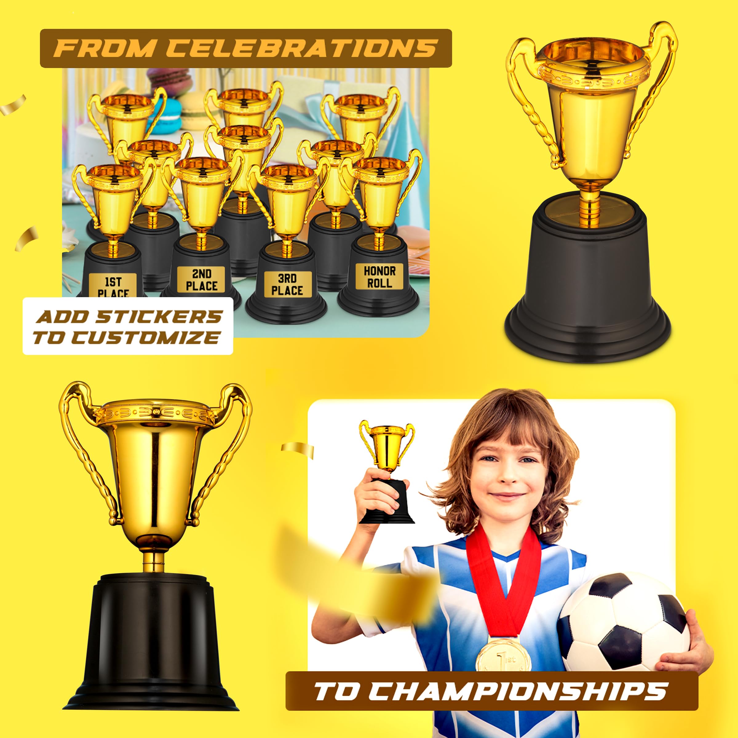 Bedwina Gold Award Trophy Cups - Pack of 6 Bulk - 5 Inch Plastic Gold Trophies for Party Favors, Props, Rewards, Winning Prizes, Competitions for Kids and Adults