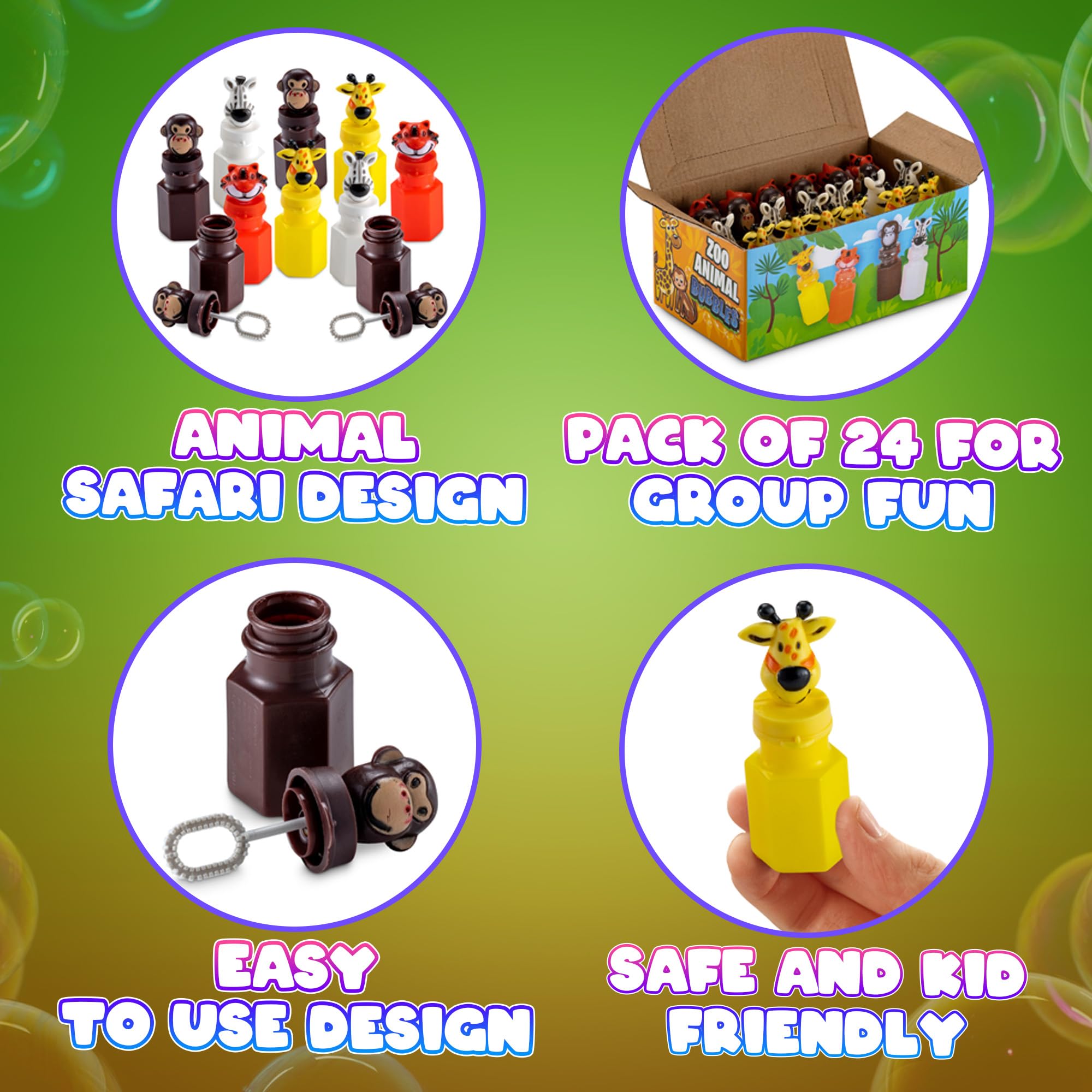 Bulk Safari Animal Bubbles for Kids - (Pack of 24) Mini Safari Bubble Bottles with Wands and Assorted Jungle Zoo Characters, Baby Showers, Themed Birthday Party Favors, Goody Bag Toys for Kids