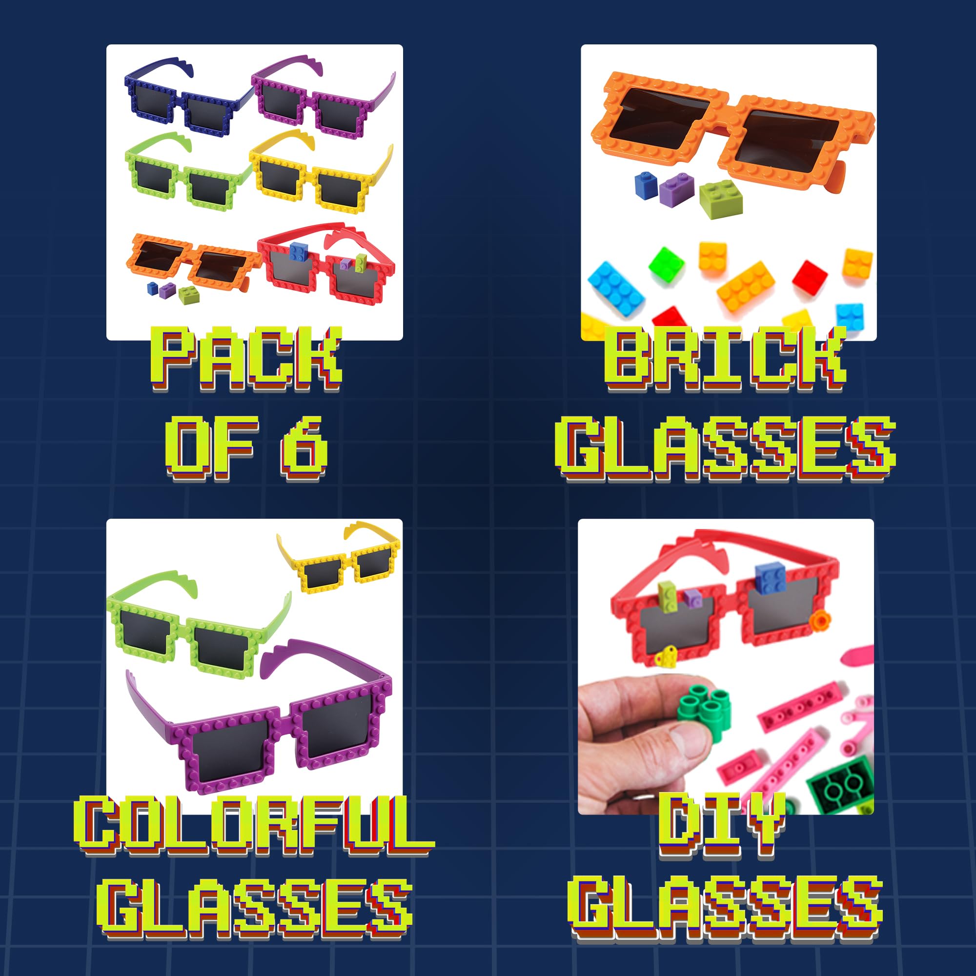 Bedwina Building Blocks Glasses - Pack of 6 - Block Mania Building Block Glasses with Extra Bricks for Carnival Supplies, Stocking Stuffers and Birthday Party Favors for Kids