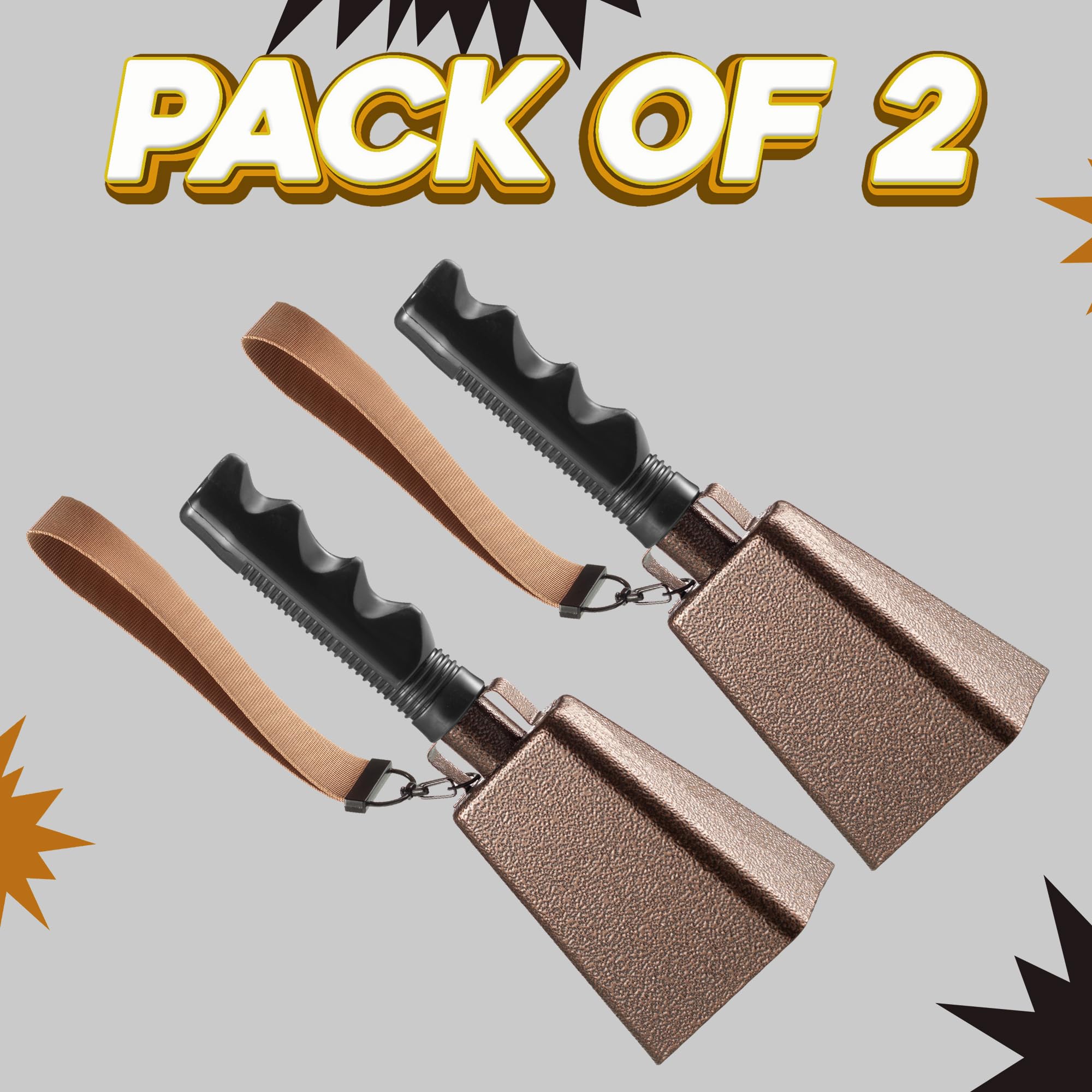 9" Metal Cowbells with Handle - (2 Pack) Cow Bells Loud Cheering Noise Makers for Sporting Events, Football Games, School Spirit, Rallies & Celebrations - Copper Steel Percussion Music Instrument