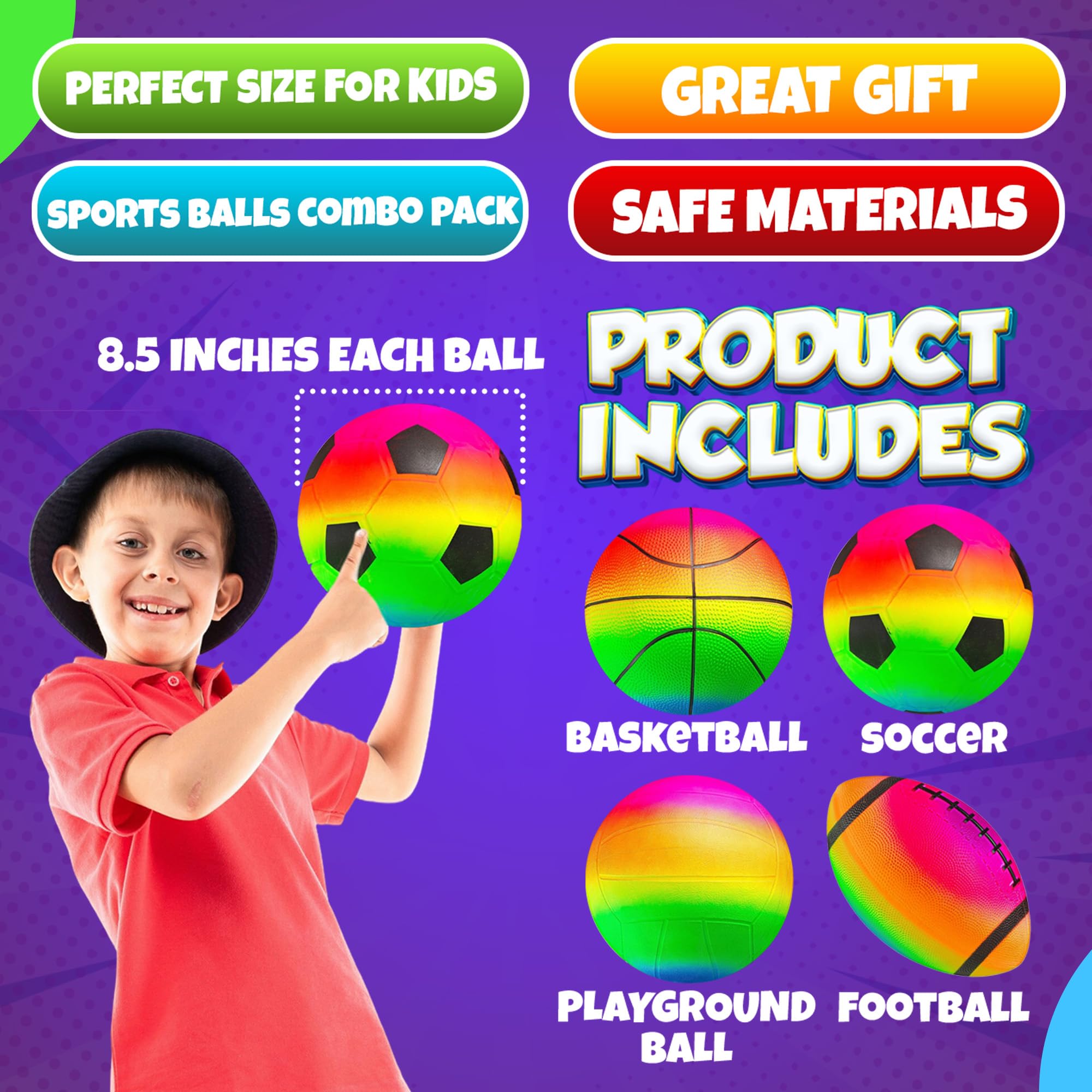 Rainbow Sports Balls for Kids & Toddlers - (Pack of 4) 8.5-Inch Neon Sport Ball Set Includes Football, Soccer, Basketball, & Playground Balls, Inflatable Indoor & Outdoor Fun Toys - Hand Pump Included