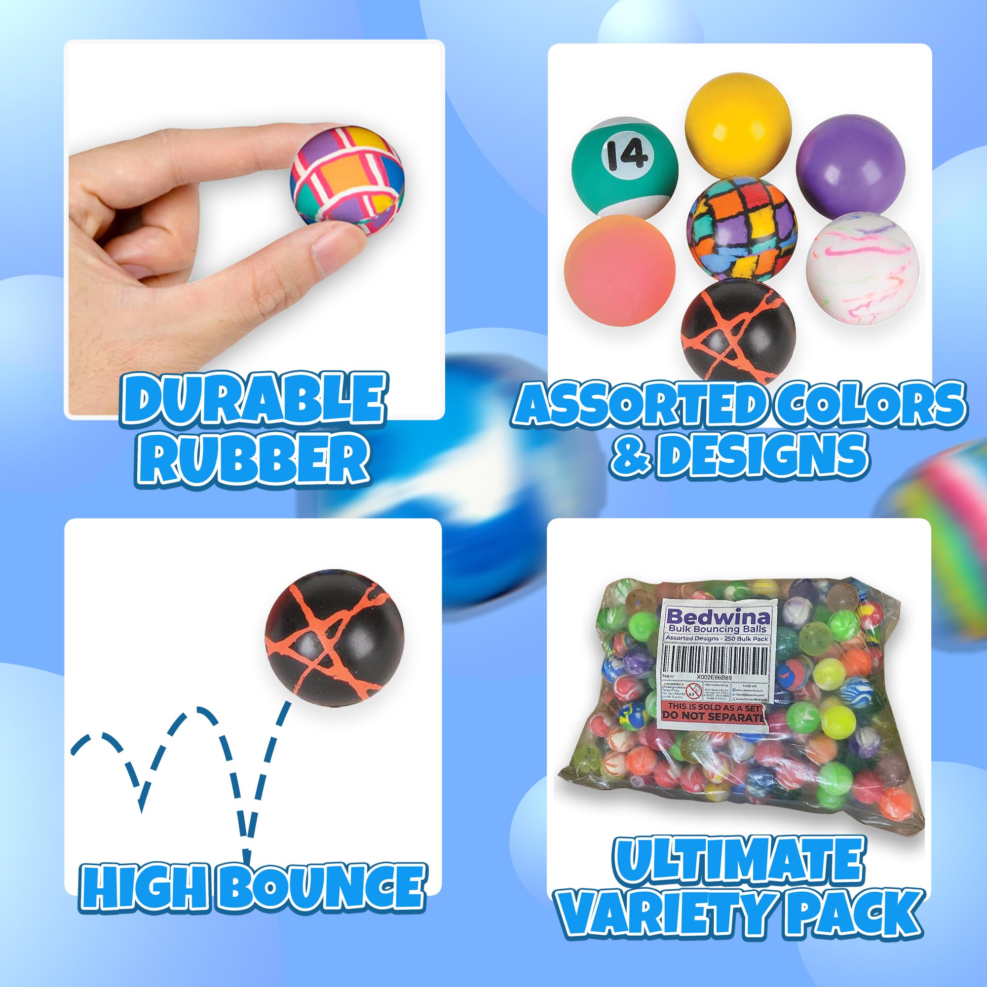 Bedwina Bouncy Balls Bulk Case - 1-Inch (27mm) High Bounce Rubber Balls, Assorted Colors Bouncing Balls for Kids Party Favors, Prizes, Treasure Boxes, Carnival Games & Vending Machines, 250-Count