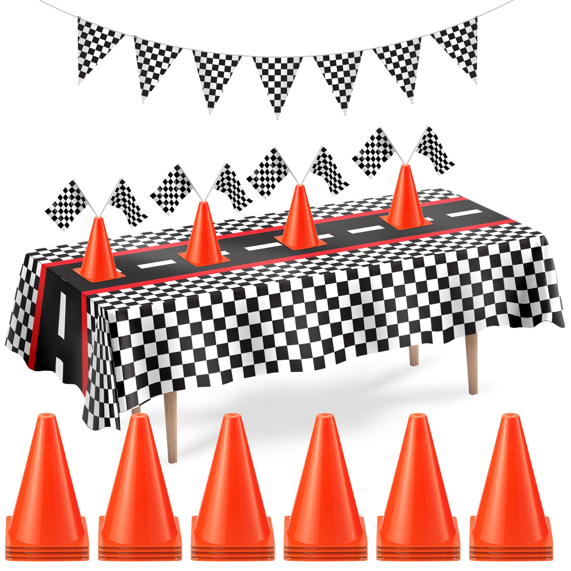 Racing Cars Birthday Decorations - Racecar Centerpiece Decoration Kit for Kids - (12) Orange Traffic Cones, (24) Checkered Flags, Plastic Tablecloth (54"x108") Birthday Banner Race Car Theme (38pcs)