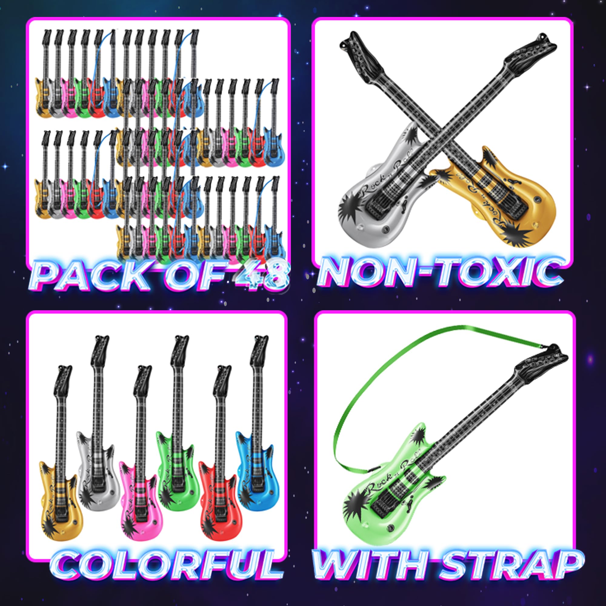 Bedwina Inflatable Guitars for Kids - (Pack of 48) 36-inch Neon Blow Up Guitar Instruments, Party Favors, Giveaways, DJ-Props, Photo-Booth, Birthdays, Rock Star, Rock and Roll Party Decorations