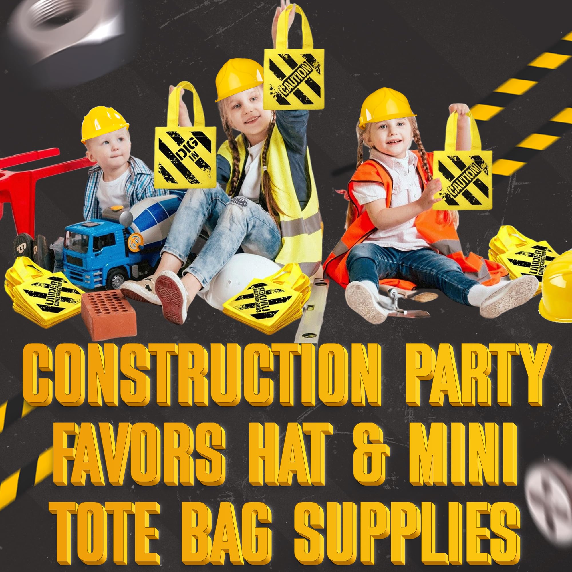 Bedwina Construction Themed Party Supplies - (24 Pack) Construction Party Favors Hat & Mini Tote Bag Supplies - (12) Yellow Construction Hats for Kids & (12) Construction Goodie Bags