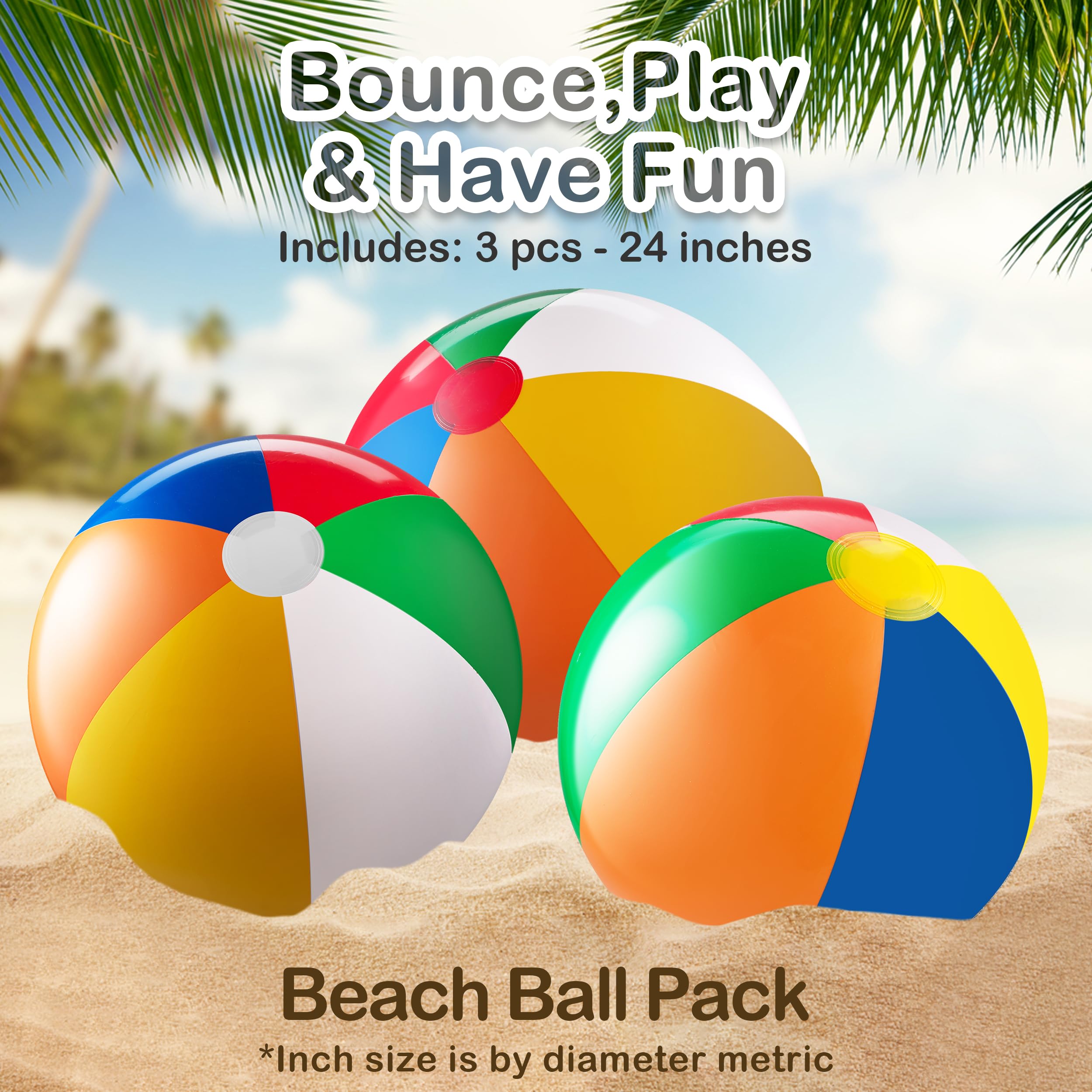 24-inch Giant Beach Ball - (pack Of 3) Big Inflatable Beach Balls For Pool Toys, Blow Up large inflatable ball Toys For Kids Pool Parties, Themed Birthdays, Beach Events, Summer Party Decorations