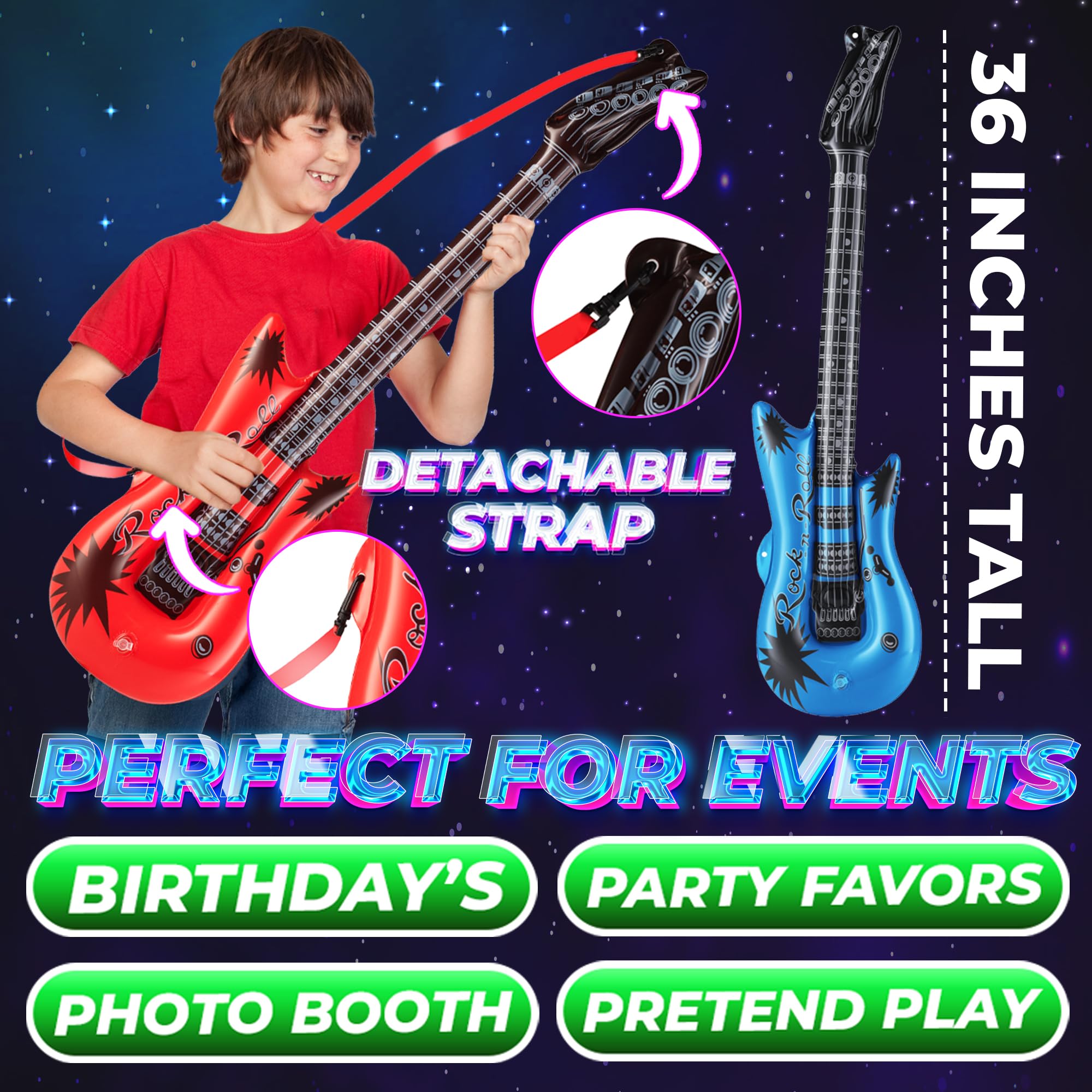 Bedwina Inflatable Guitars - (pack Of 6) 36-inch Colorful Blow Up Guitar With Strap, Party Favors, DJ-props, Photo-booth, Birthdays, Rock Star, Rock And Roll Party Decorations, 80s 90s Party Supplies
