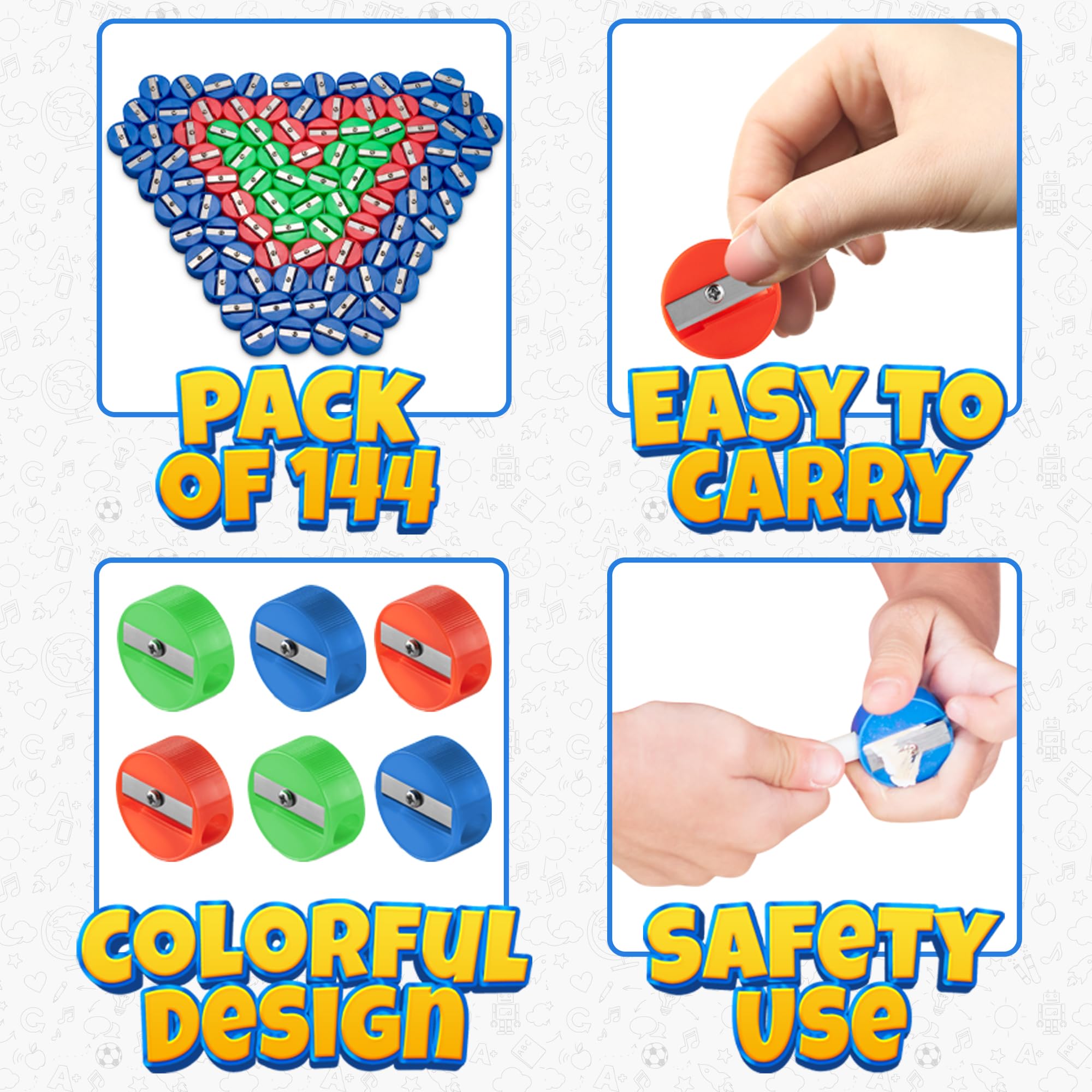 Bedwina Pencil Sharpeners in Bulk - 144 Pack Pocket Sized Mini Handheld Colored Pencil Sharpener Manual for Kids, Plastic and Colorful for Party Favors, Goodie Bags, Classroom Prizes, School Supplies
