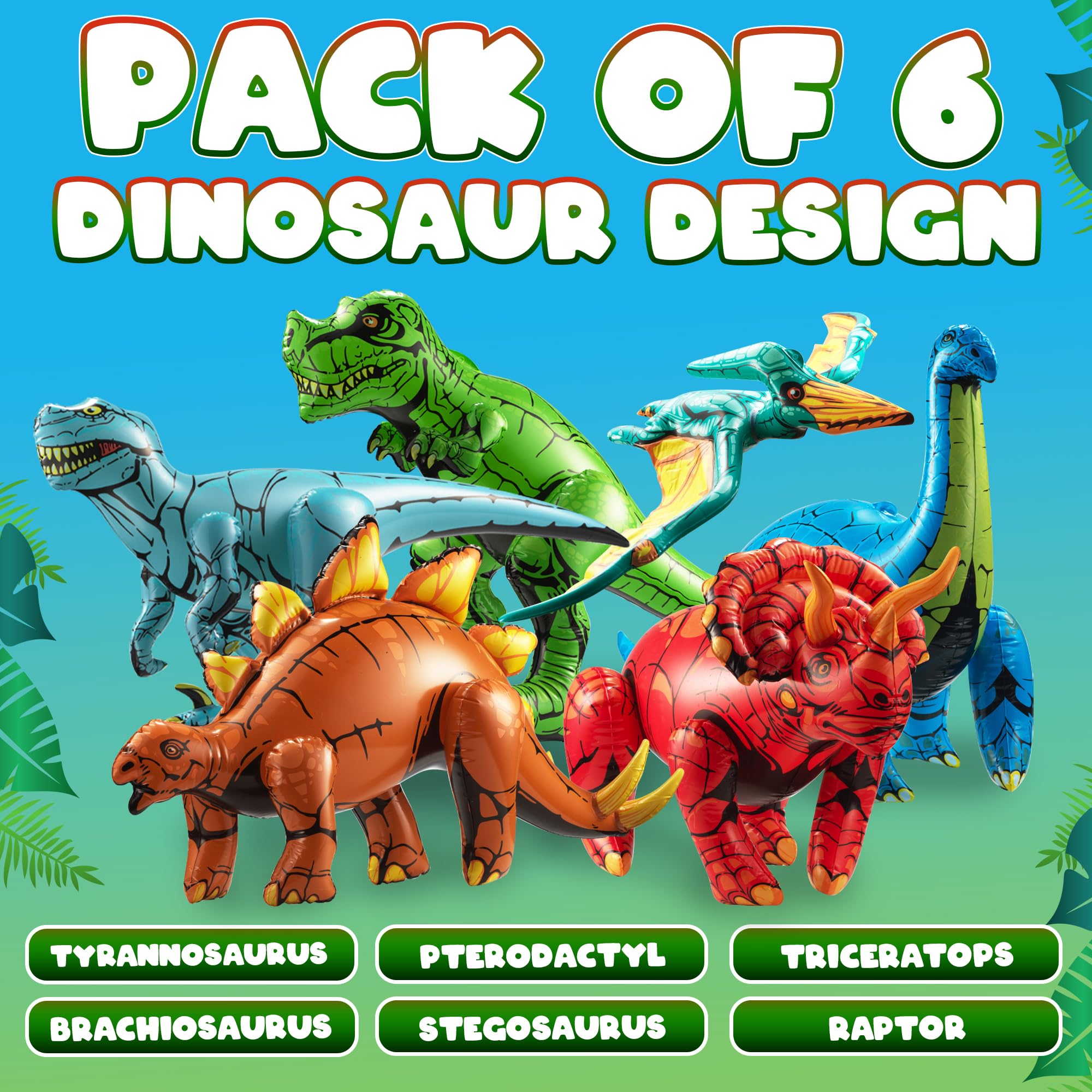 6-Pcs Inflatable Dinosaur Birthday Party Decorations - Large Blow-Up Dino Toys for Kids (20-26”) Dinos for Boys or Girls - Self-Standing Vinyl Balloons for Jurassic Theme Party & Pool Floats