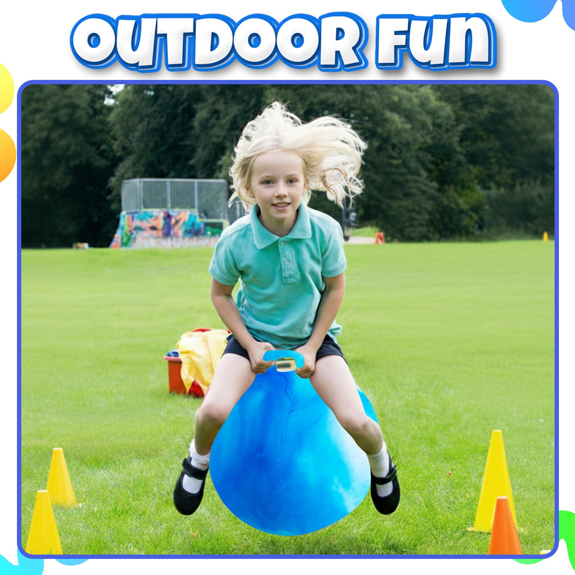 Bedwina Hopper Ball with Handle for Kids 22-inch (55cm) Bouncy Balls for Kids, Jumping Kangaroo Hippity Hop, Hopping Sit and Spin with Handle with Hand Pump, Marble Blue & White
