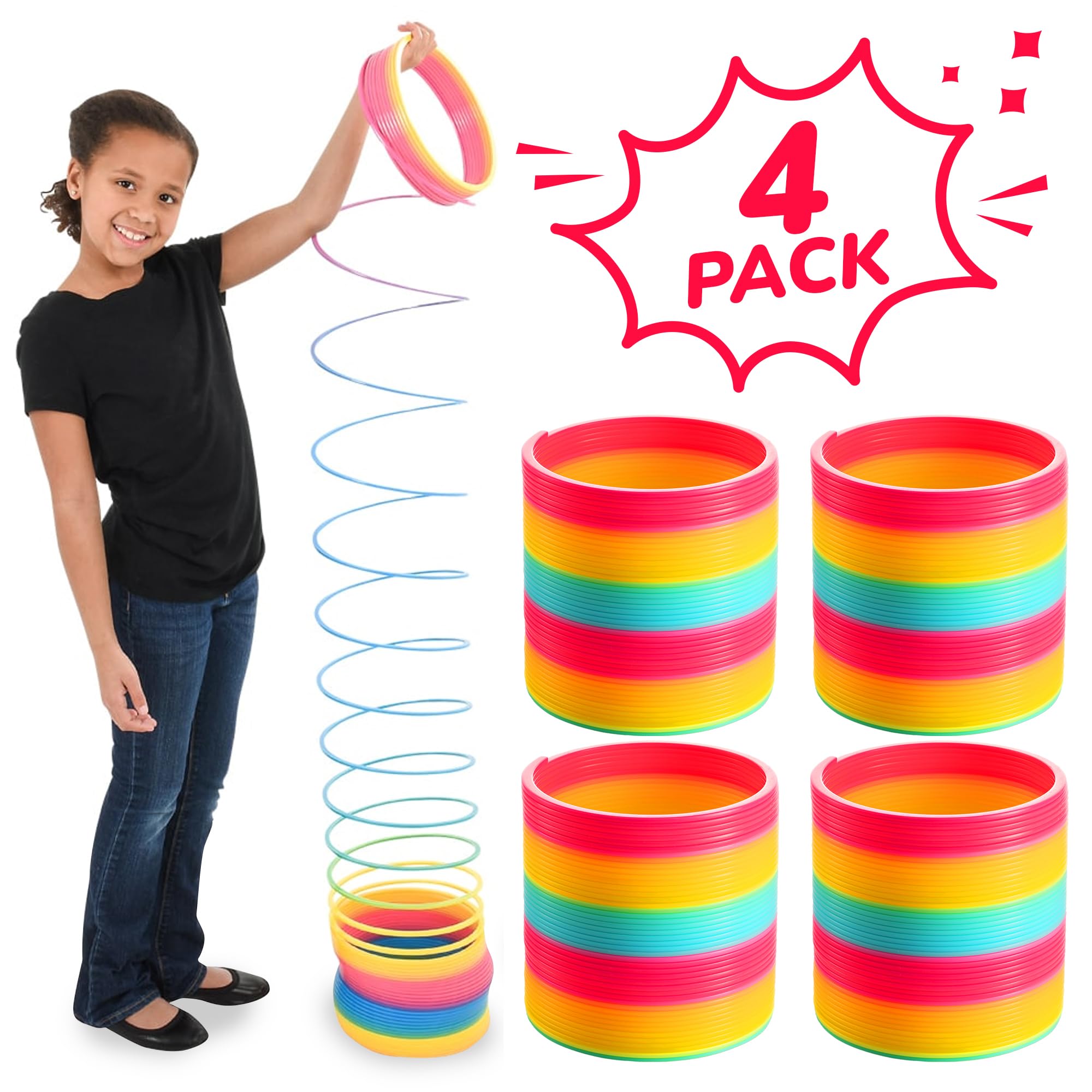 Jumbo Rainbow Spring Coil Toy - (4-Pack) 6" Plastic Giant Spring Coil for Kids, Big Spring Toys for Boys and Girls, Neon Colorful Rainbow Coil Spring for Party Favor, Great for Prizes, Gifts, Birthday