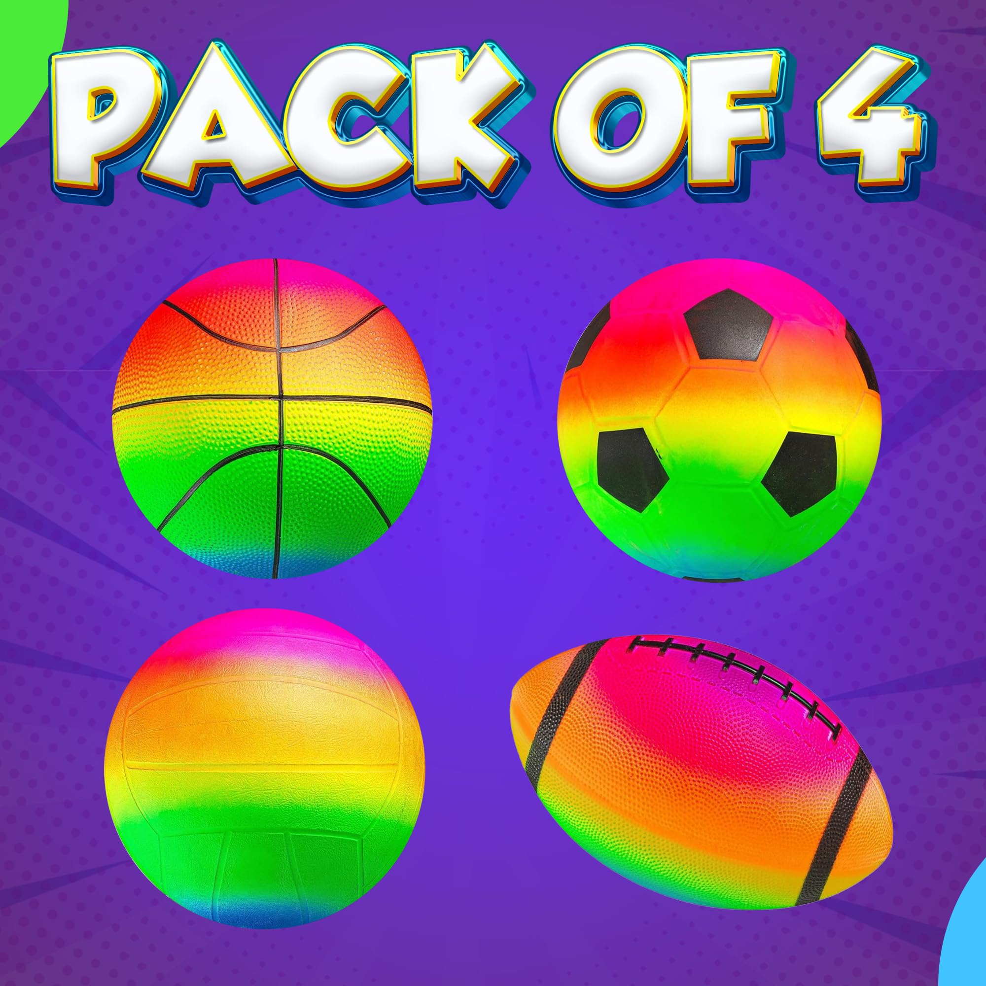 Rainbow Sports Balls for Kids & Toddlers - (Pack of 4) 8.5-Inch Neon Sport Ball Set Includes Football, Soccer, Basketball, & Playground Balls, Inflatable Indoor & Outdoor Fun Toys - Hand Pump Included