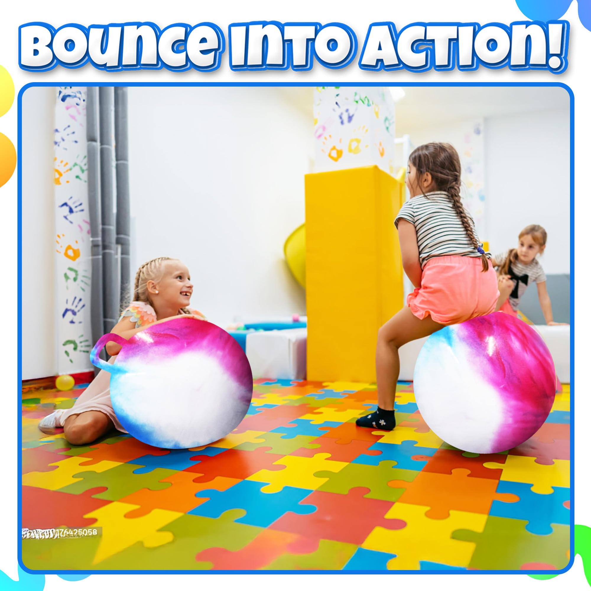 Bedwina Hopper Ball with Handle for Kids 20-inch (50cm) Bouncy Balls for Kids, Jumping Kangaroo Hippity Hop, Hopping Sit and Spin with Handle with Hand Pump, Marble Blue/Red/White