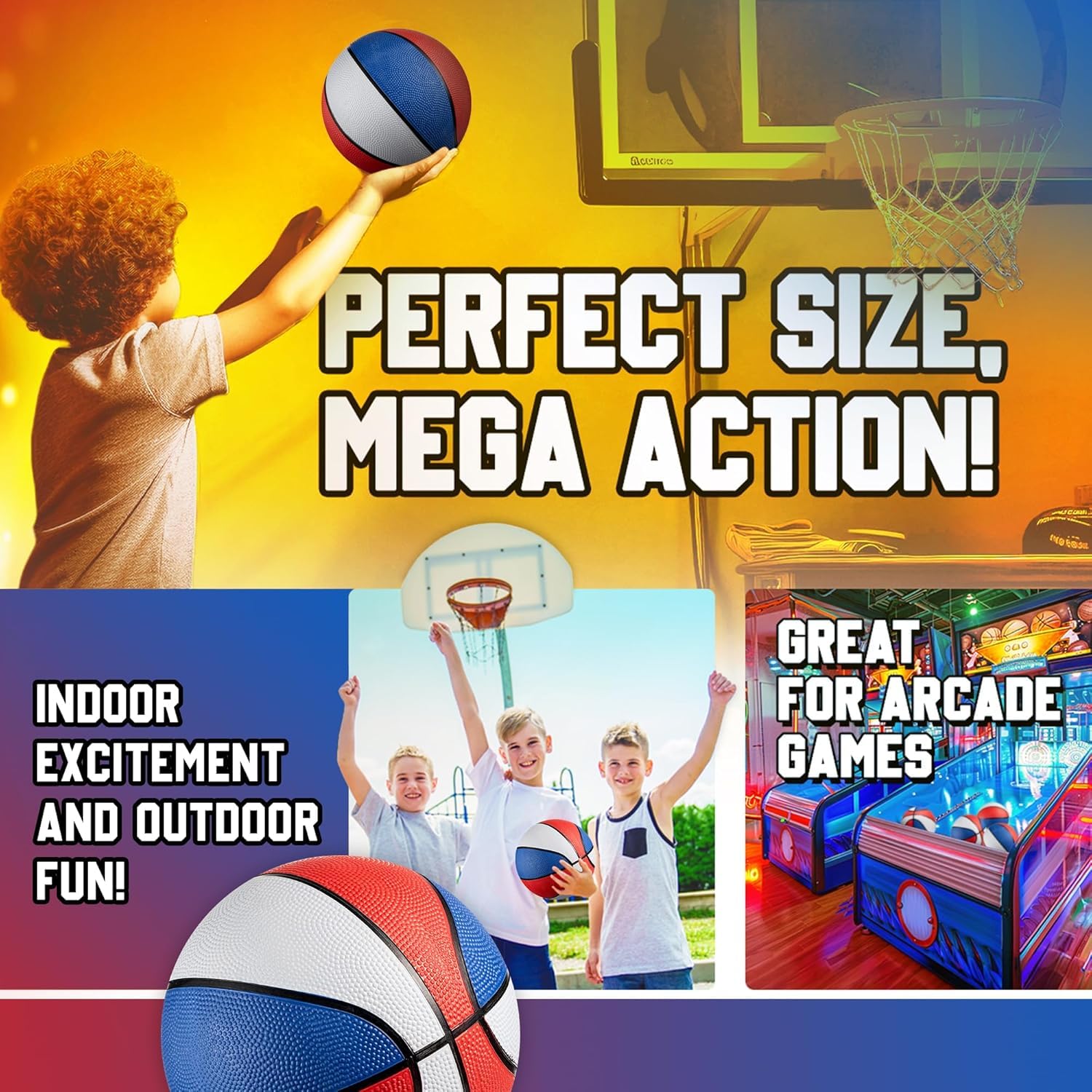 PlayBolt Rubber Mini Basketball - 7 Inch, Size 3 - Mini Hoop Outdoor Kids Basketball Set for Small Hoops Indoor & Outdoor Pool Parties - Kid Birthday Gifts, Arcade Games, Red White & Blue (1-Pack)