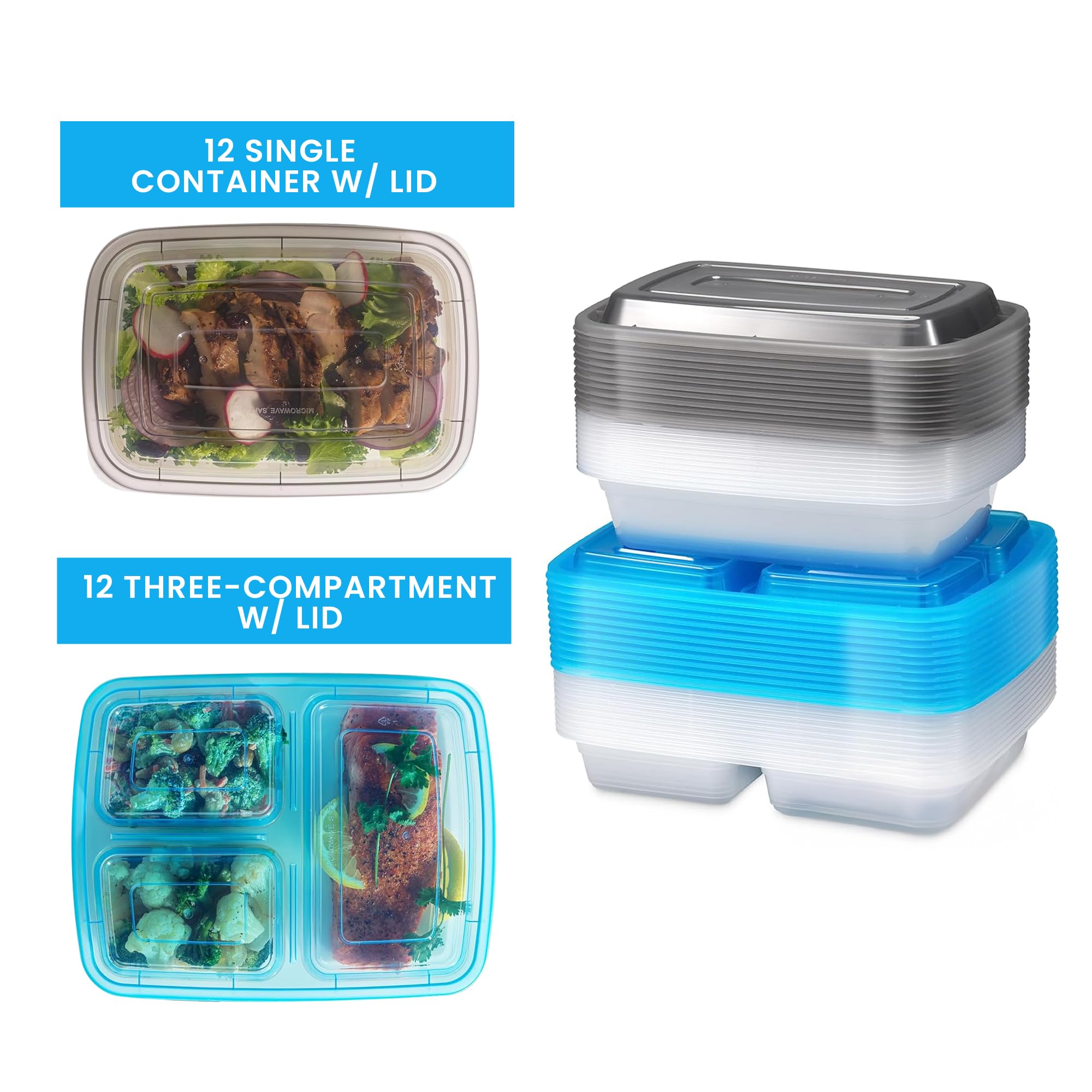 Food Storage Containers With Lids - (24 Pack-32 Oz) 12- 3 Compartment Meal Prep Containers Reusable Or Disposable & 12- Single Food Storage Bento Boxes, Bpa Free, Microwave, Freezer, Dishwasher Safe