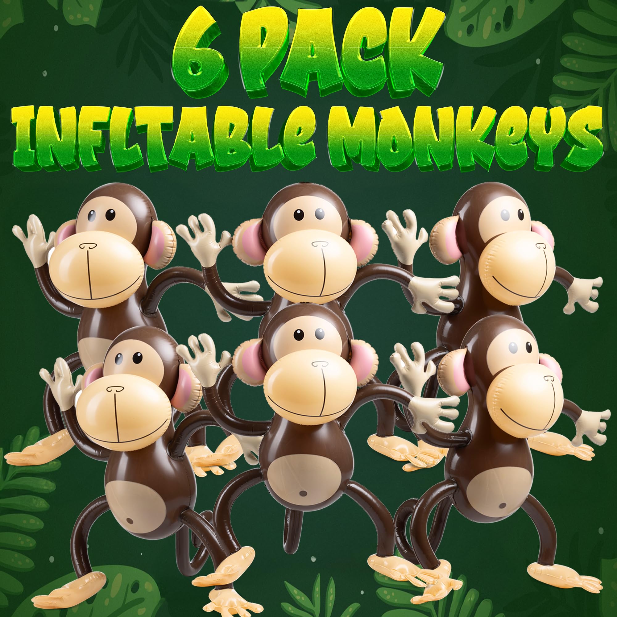 Large Inflatable Monkey (Pack of 6) 27-Inch Monkeys for Baby Shower, Safari, Jungle Themed Birthdays, Blow Up Animal Party Favors and Decorations for Kids and Toddlers