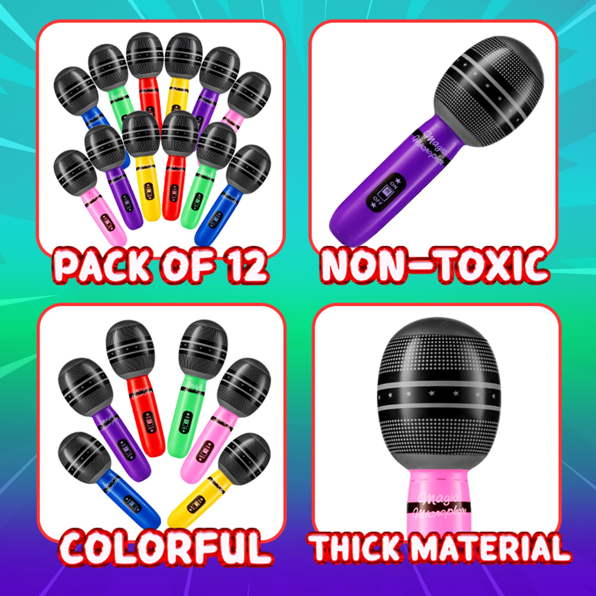Inflatable Microphones for Parties - (Pack of 12) 10-inch Neon Colors Blow Up Microphone for Kids & Adults, Party Favors, Giveaways, DJ-Props, Photo-Booth, Birthdays, Dance, Sing, Concert Decorations