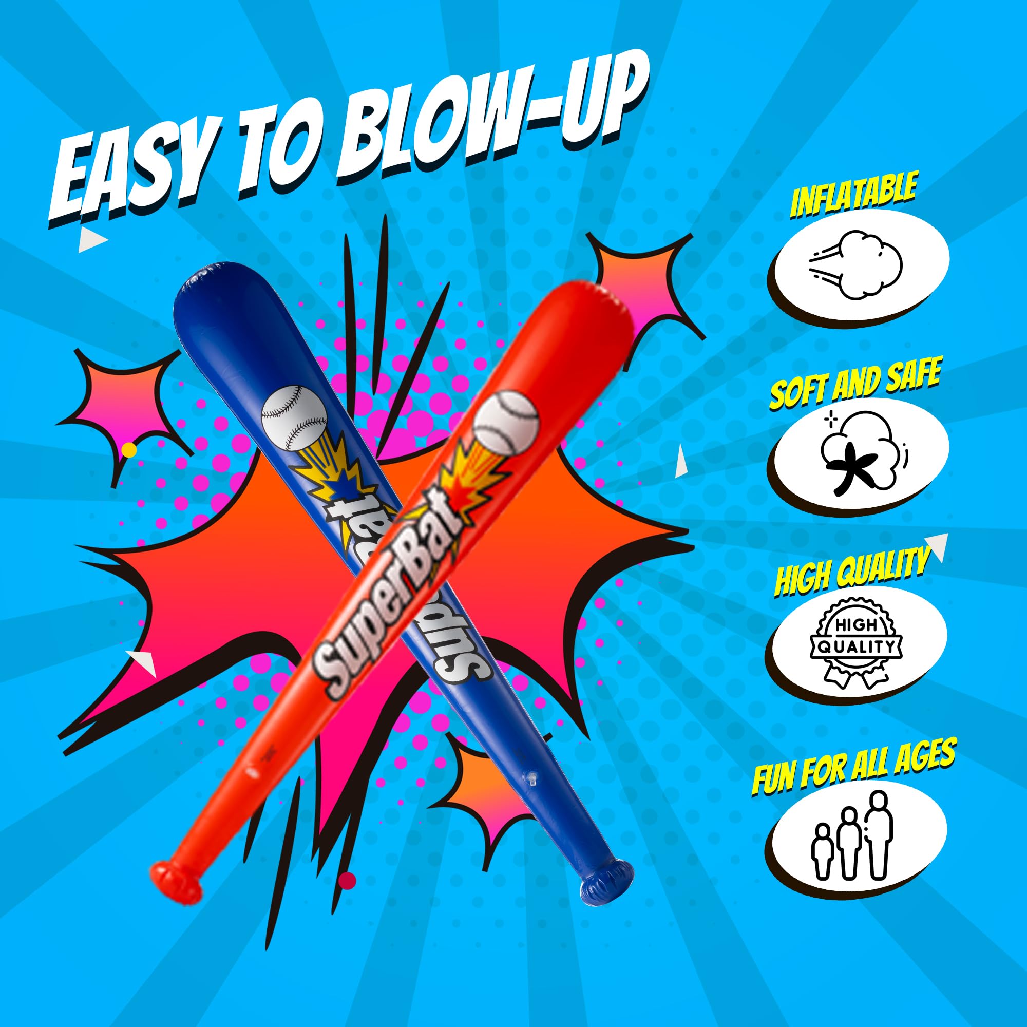 Bedwina Inflatable Baseball Bats in Bulk - (Pack of 12) - Giant 42 Inch Baseball Party Favors for Kids, Sports Theme Toy Party Supplies and Birthday Party Decorations